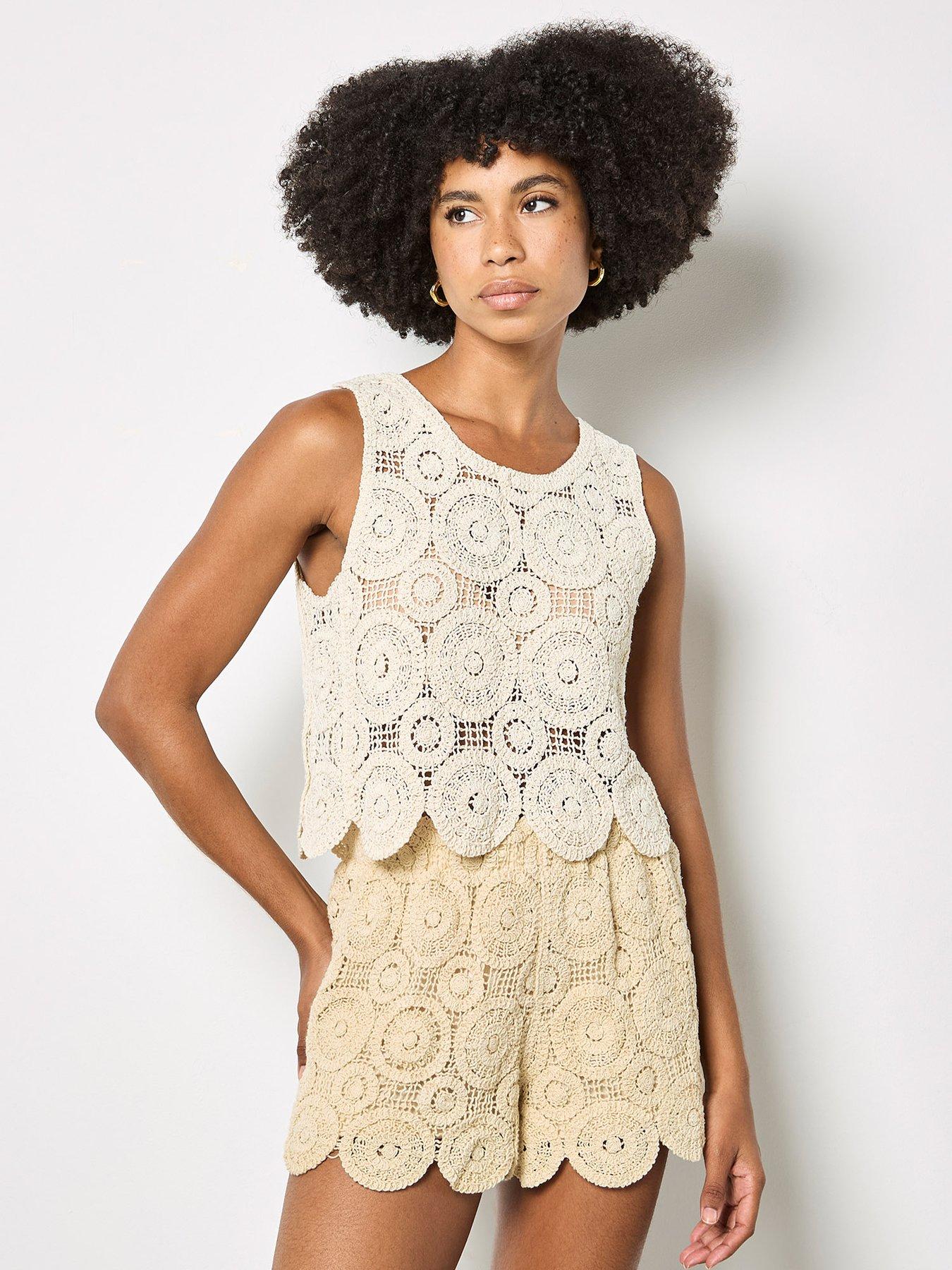 Apricot Circles Crochet Shell Top - Cream