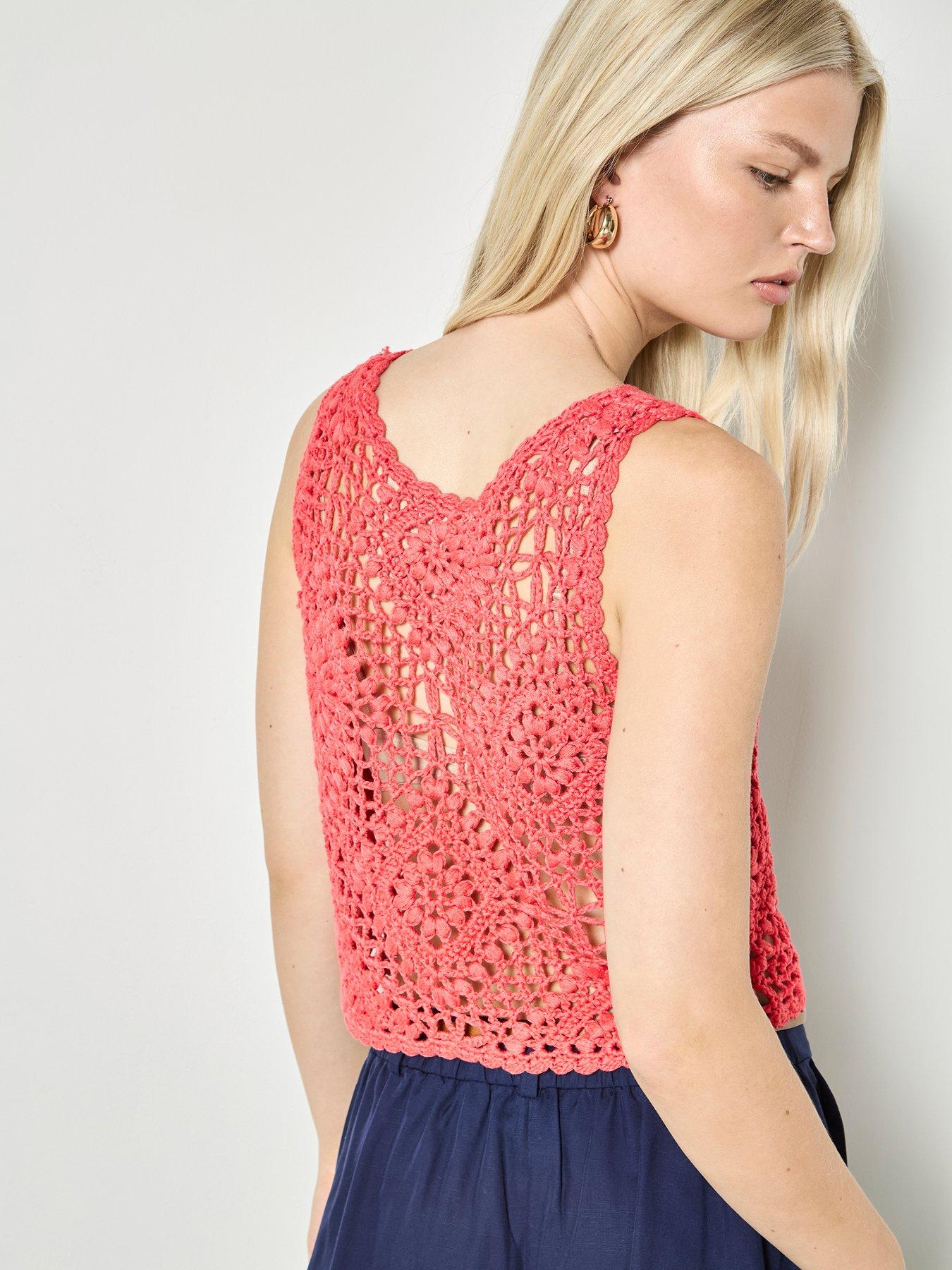 Image 2 of 4 of Apricot Diamond Hand Knit Crop Top - Red