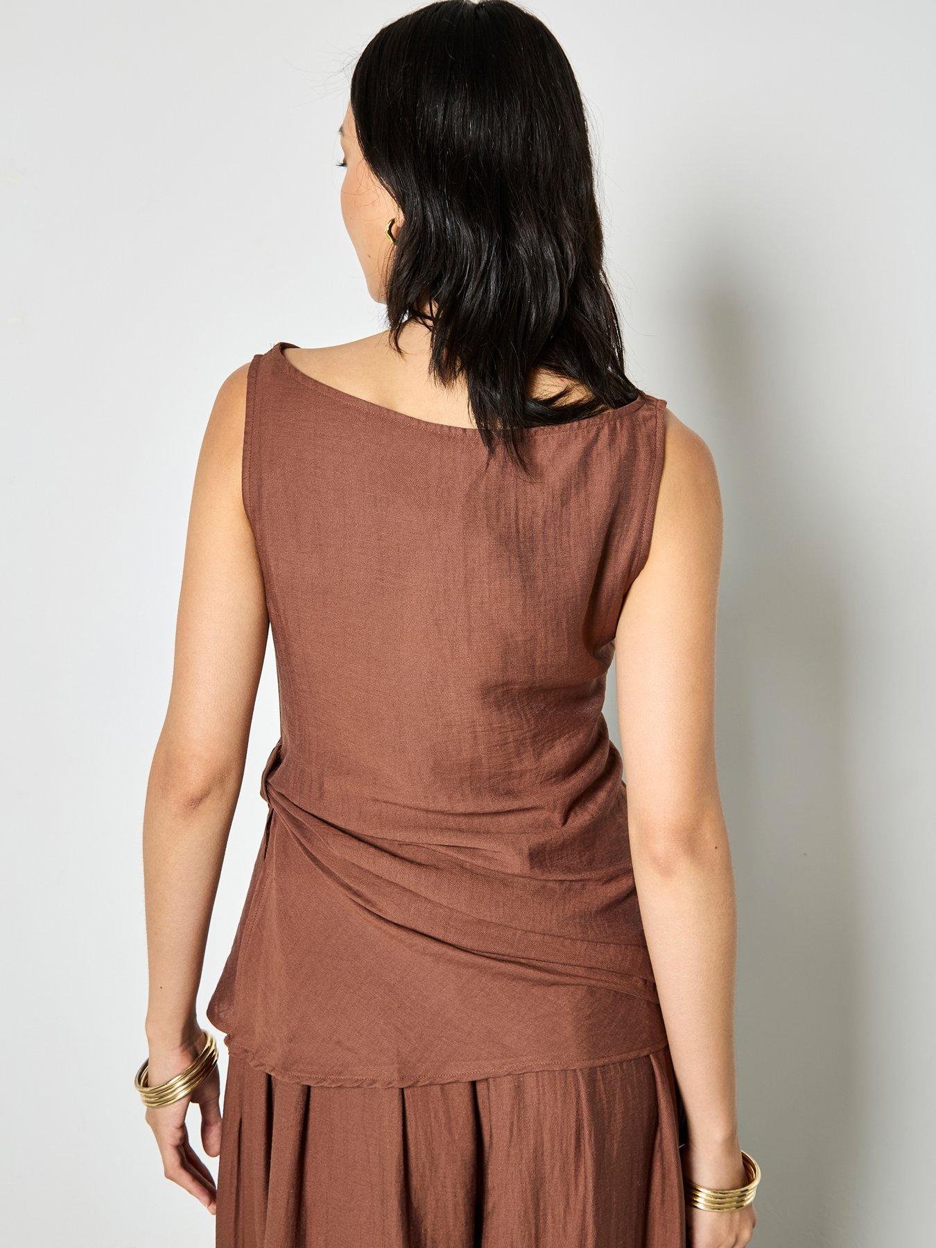 Image 2 of 4 of Apricot Side Knot Slash Neck Top - Brown