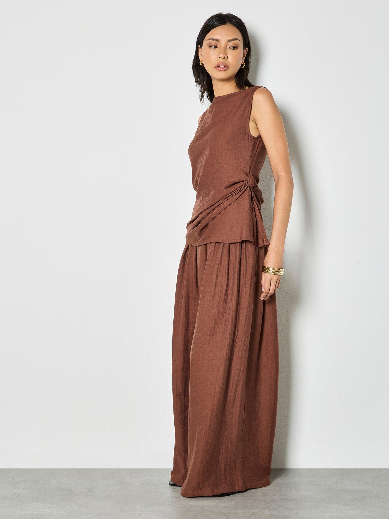 Image 3 of 4 of Apricot Side Knot Slash Neck Top - Brown