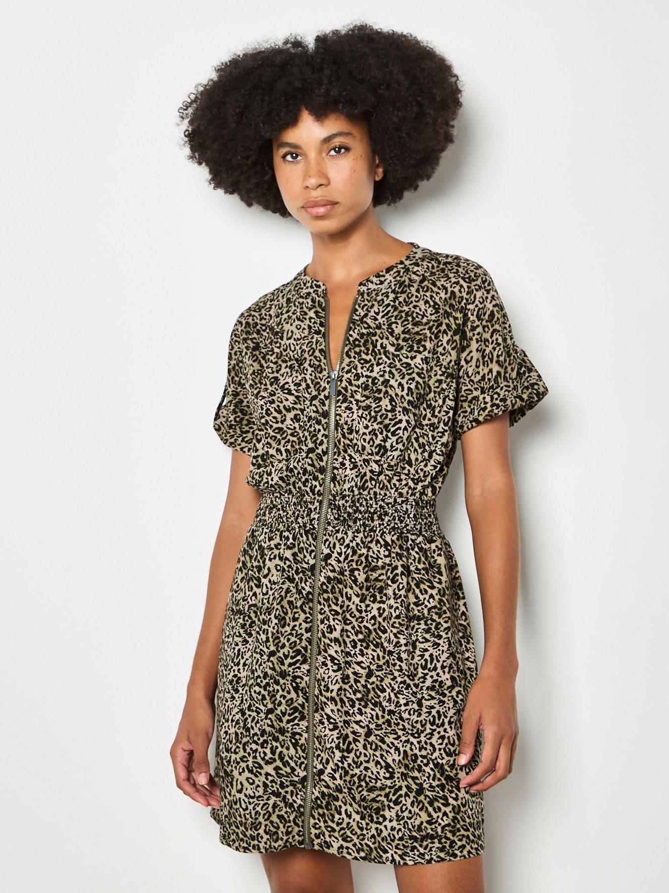 Apricot Zip Front Animal Utility Dress - Green