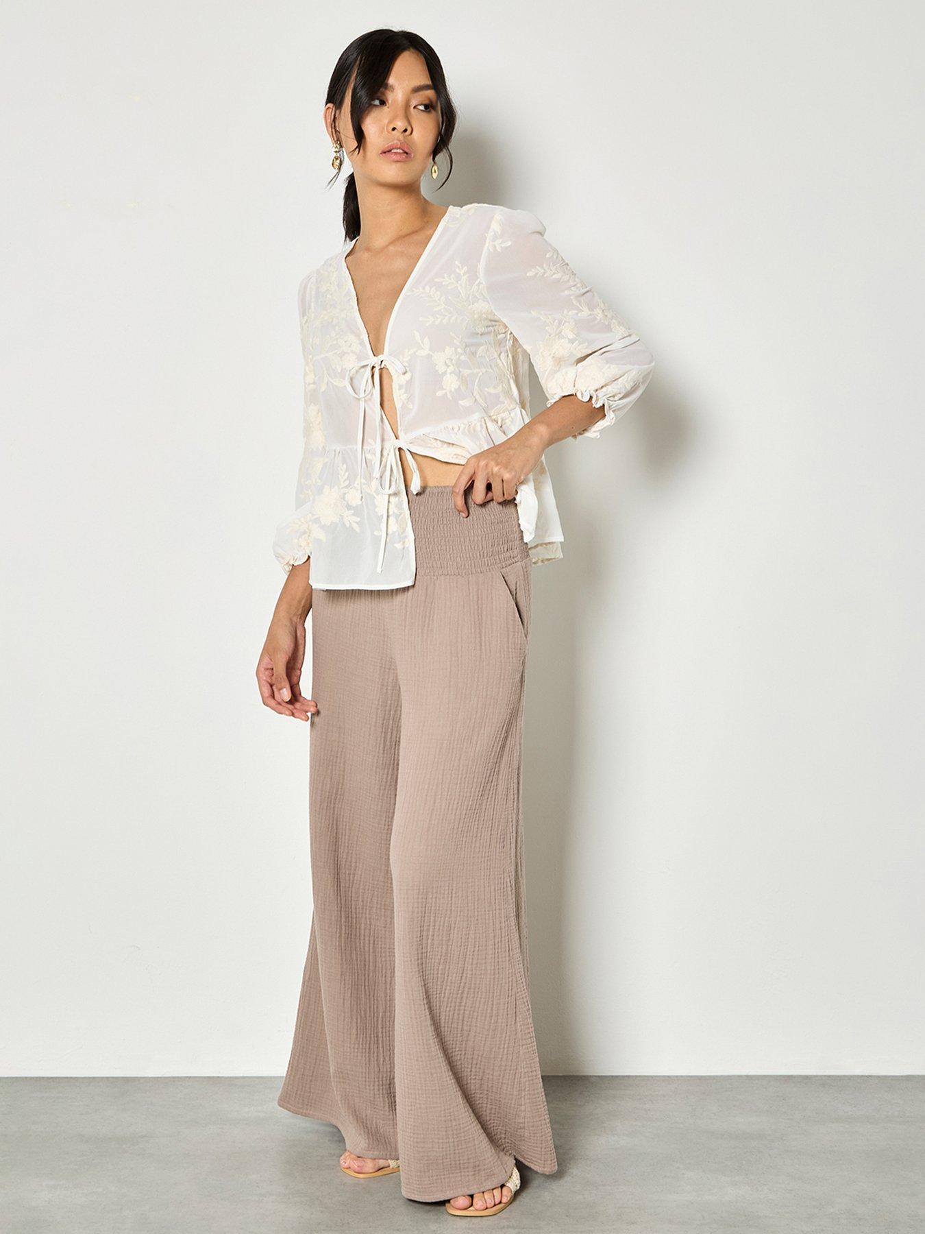 Apricot Double Weave Cotton Wide Leg Trouser - Brown