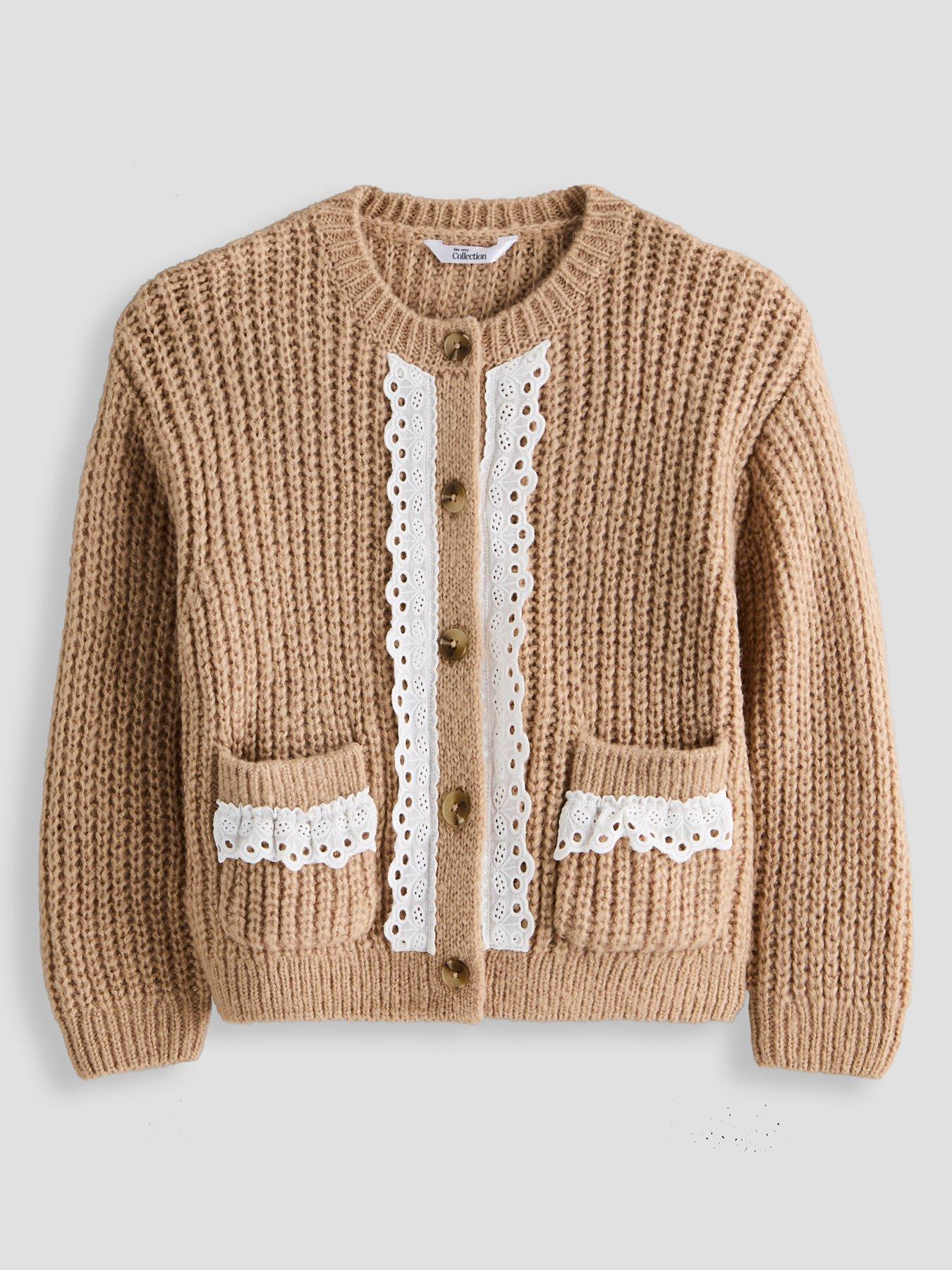 The Very Collection Girls Lace Trim Cardigan - Camel