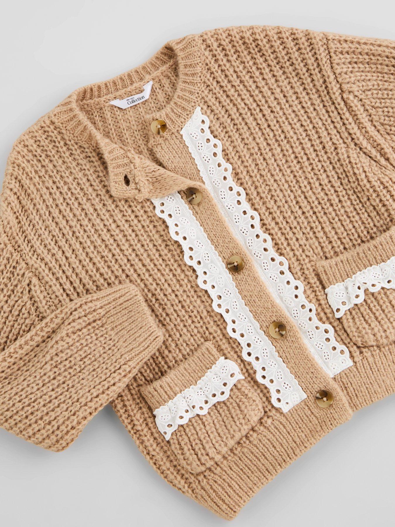 Image 3 of 5 of The Very Collection Girls Lace Trim Cardigan (9 months - 7 years) - Camel