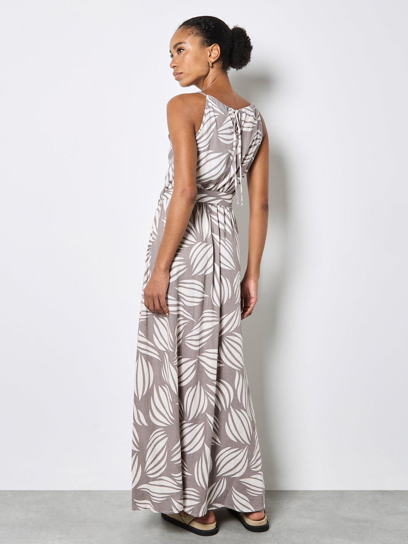  image of apricot-high-neck-shell-print-maxi-dress-cream