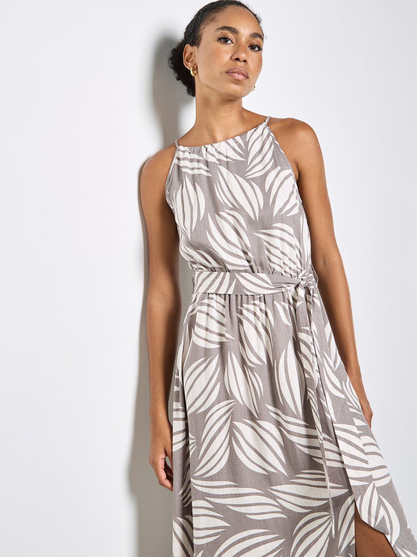  image of apricot-high-neck-shell-print-maxi-dress-cream