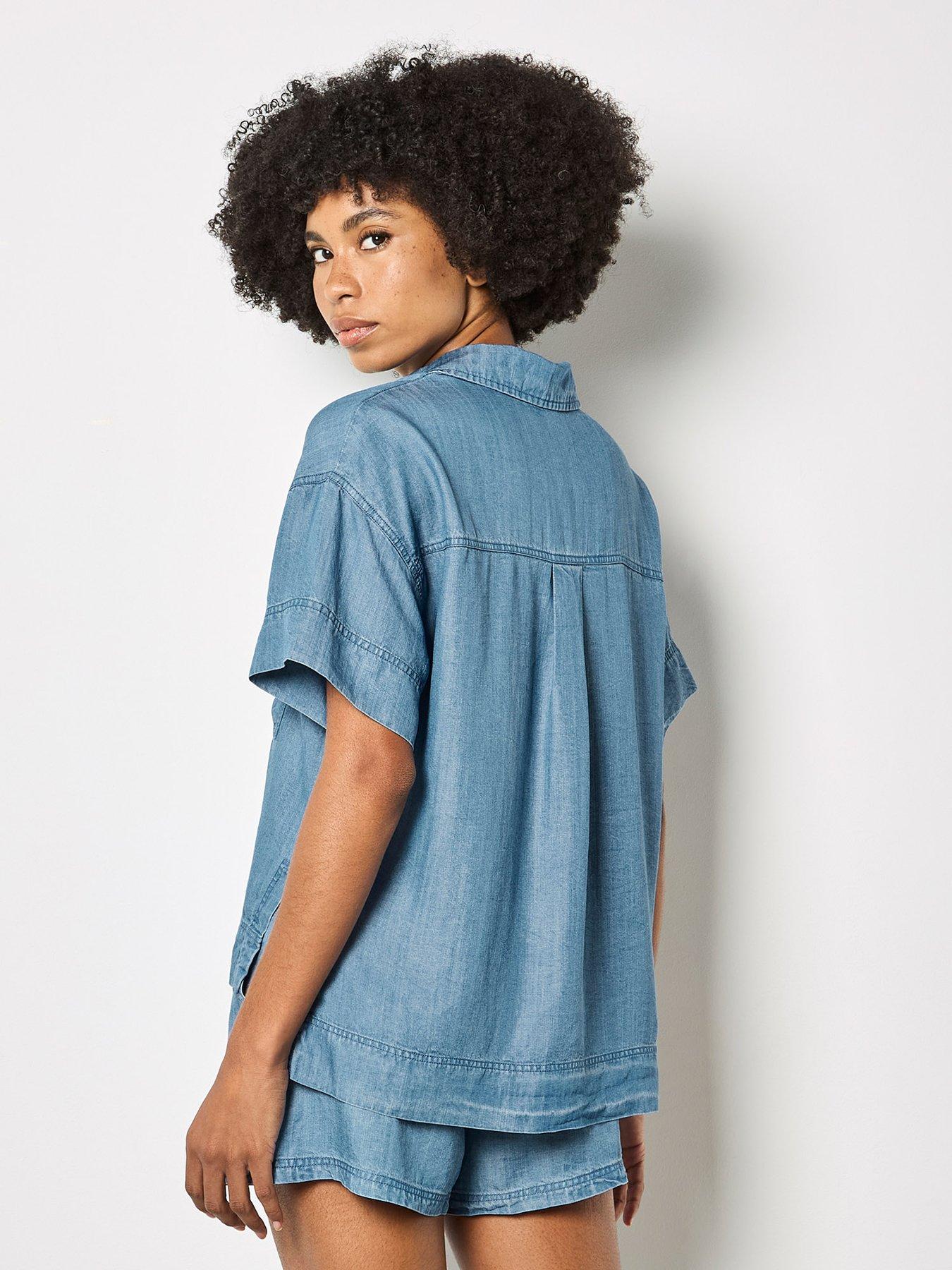 Image 2 of 6 of Apricot Slub Open Neck Denim Shirt - Blue