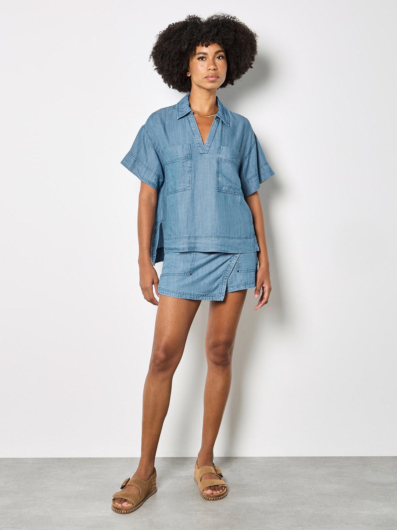 Image 3 of 6 of Apricot Slub Open Neck Denim Shirt - Blue