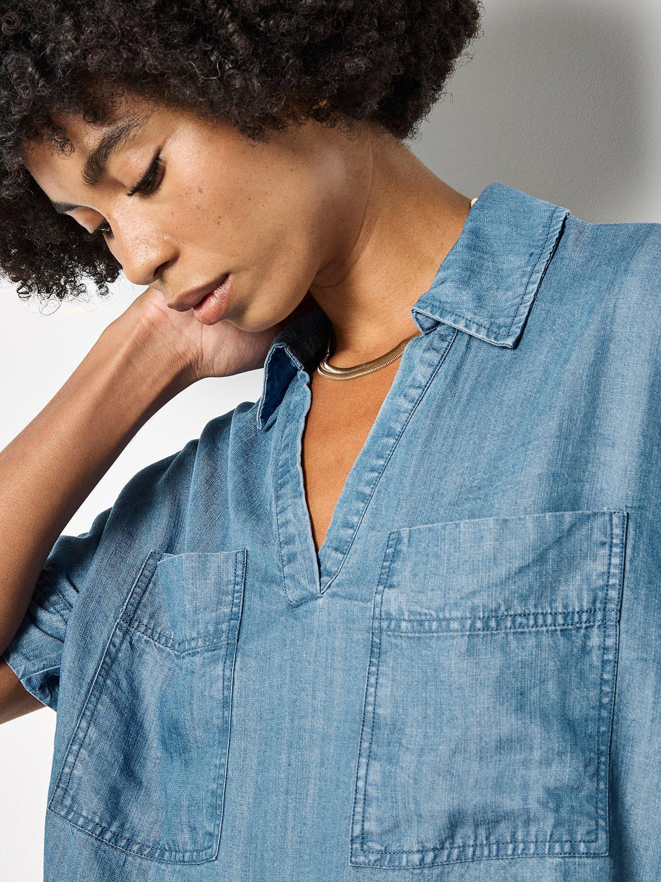 Image 4 of 6 of Apricot Slub Open Neck Denim Shirt - Blue