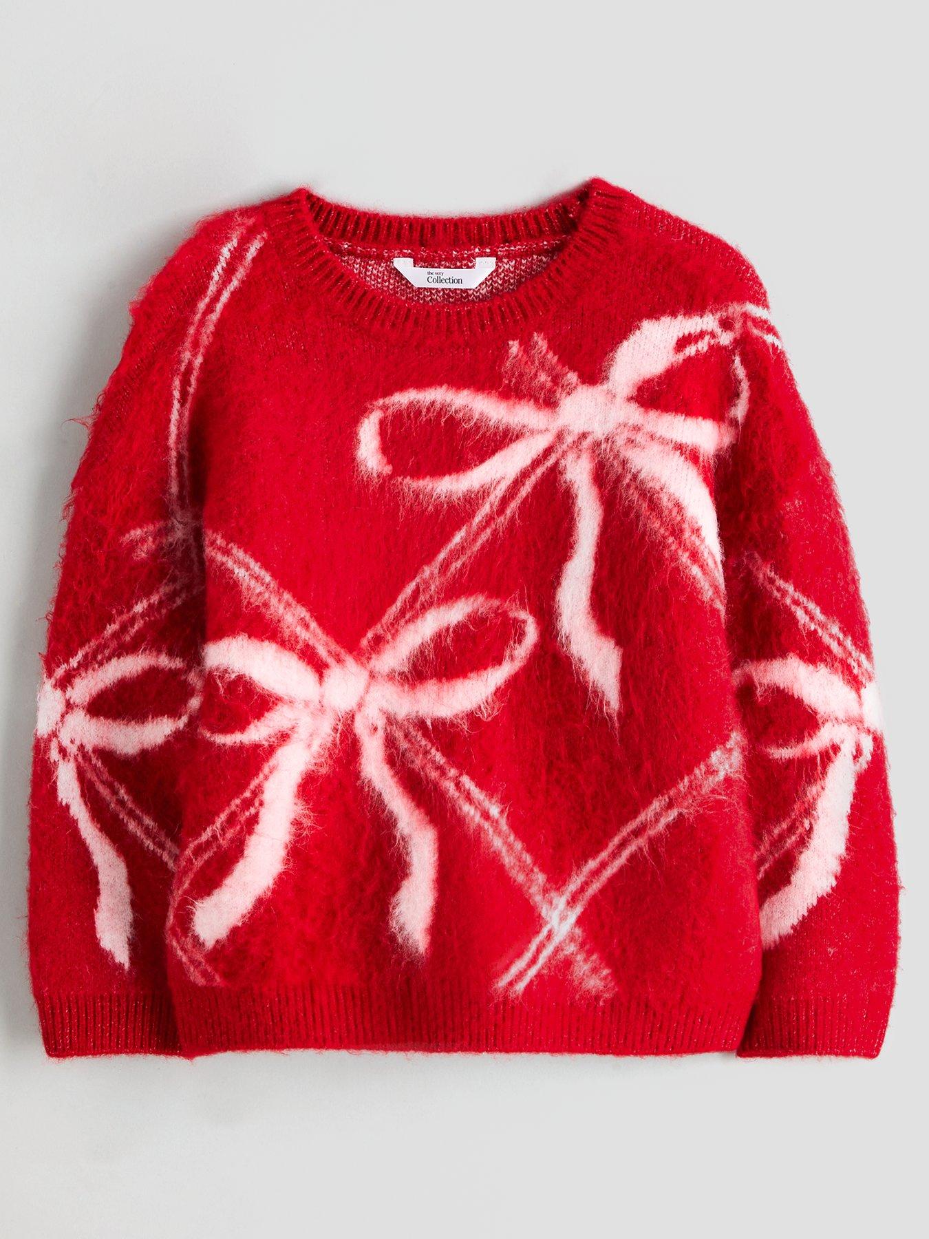 Image 2 of 7 of The Very Collection Girls Mini Me Bow Fluffy Knit Jumper - Red