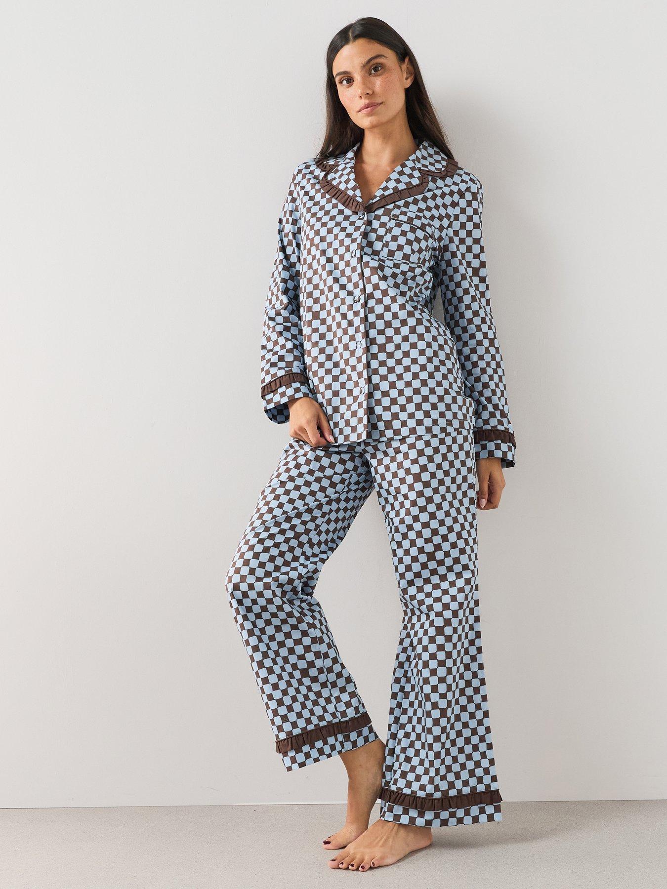 Image 1 of 6 of The Very Collection Contrast Collar Checker Board Cotton Revere Pyjama Set - Brown