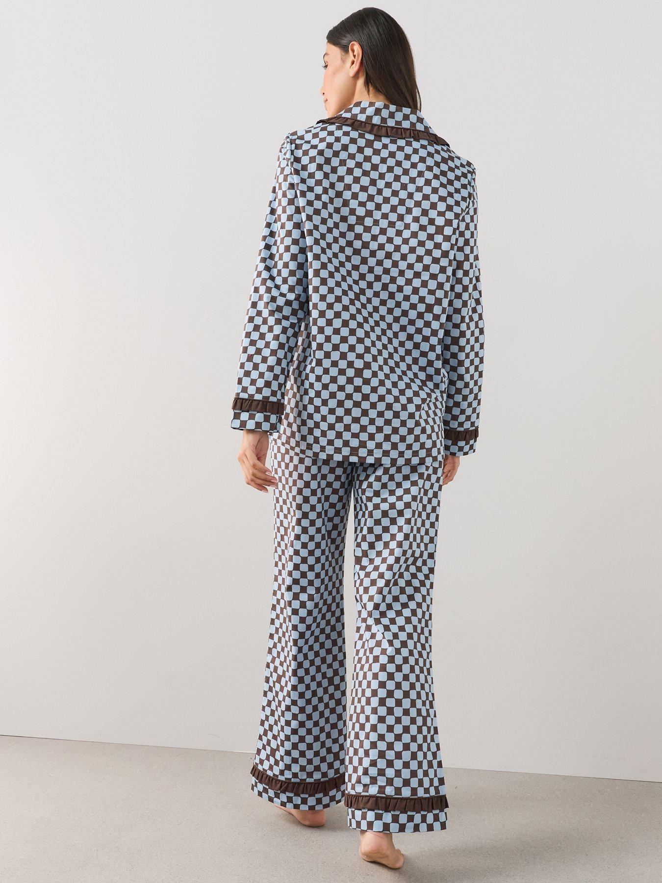 Image 2 of 6 of The Very Collection Contrast Collar Checker Board Cotton Revere Pyjama Set - Brown