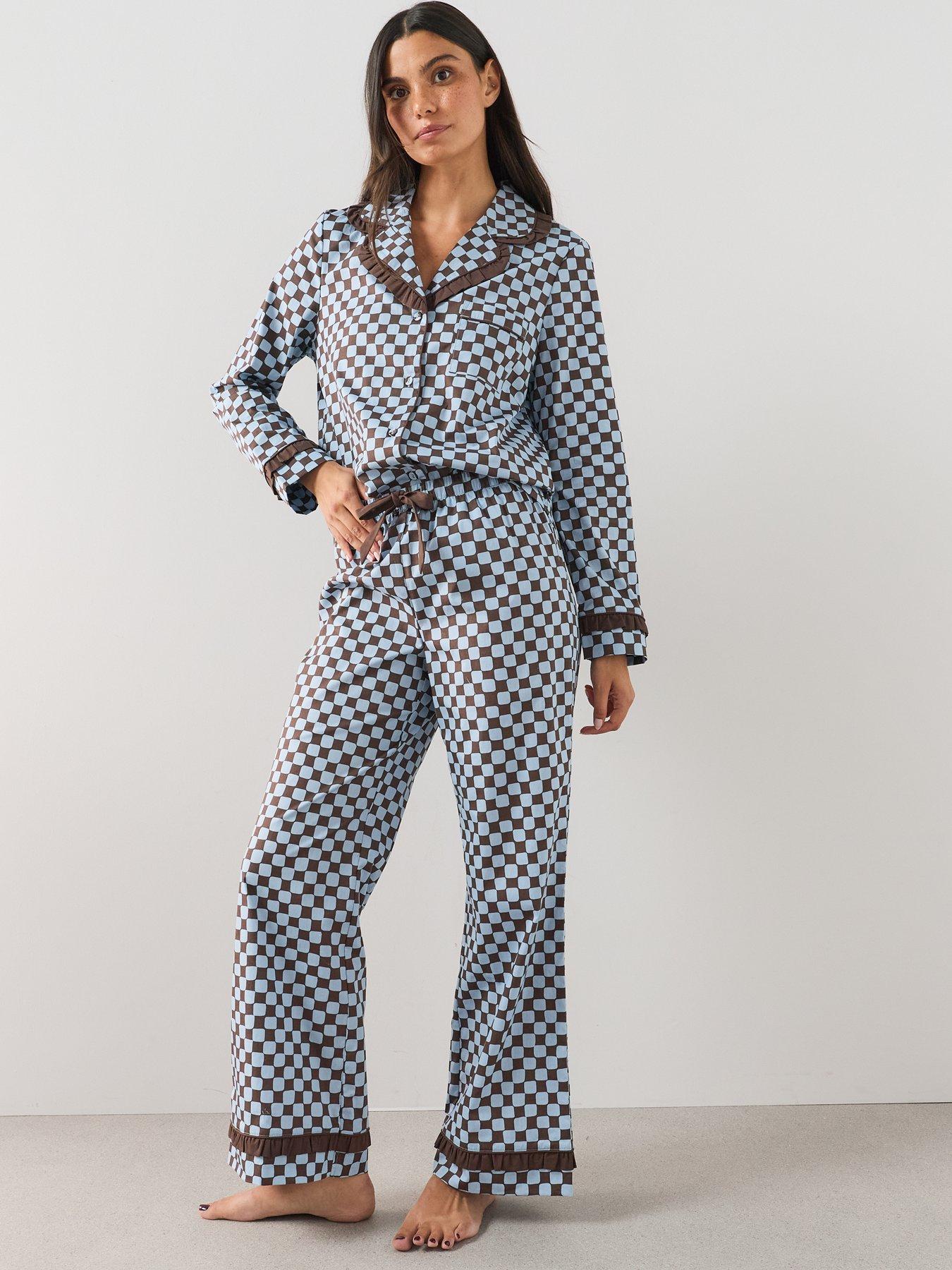 Image 3 of 6 of The Very Collection Contrast Collar Checker Board Cotton Revere Pyjama Set - Brown
