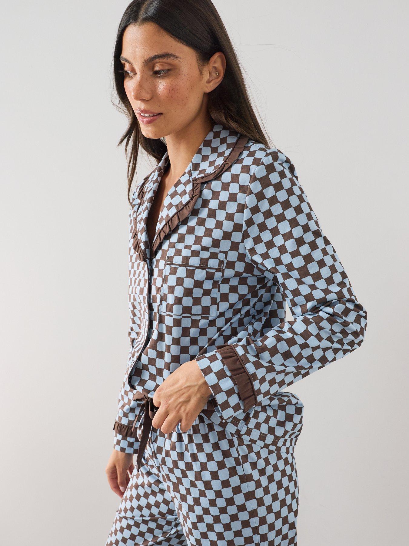 Image 4 of 6 of The Very Collection Contrast Collar Checker Board Cotton Revere Pyjama Set - Brown