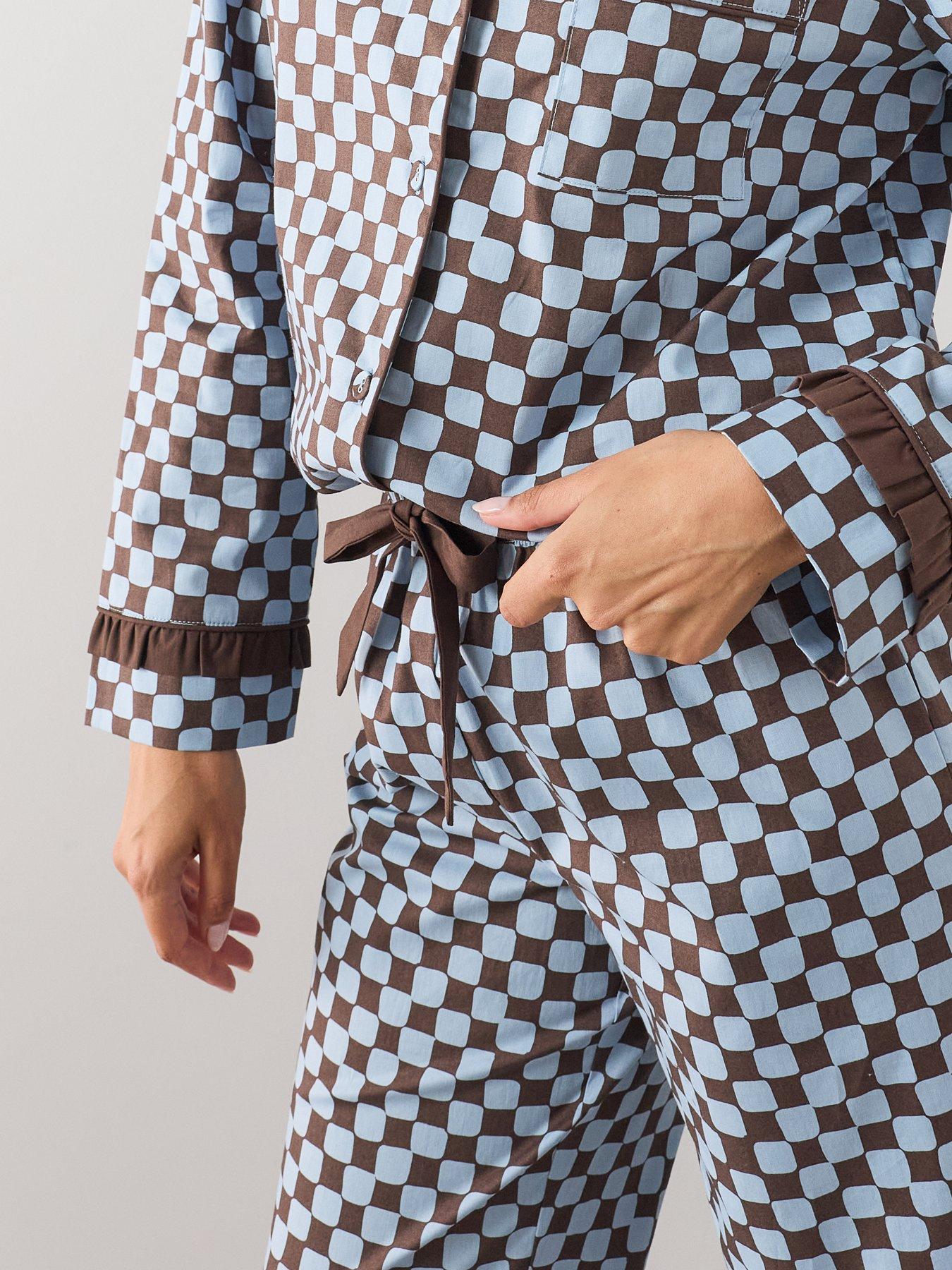 Image 5 of 6 of The Very Collection Contrast Collar Checker Board Cotton Revere Pyjama Set - Brown
