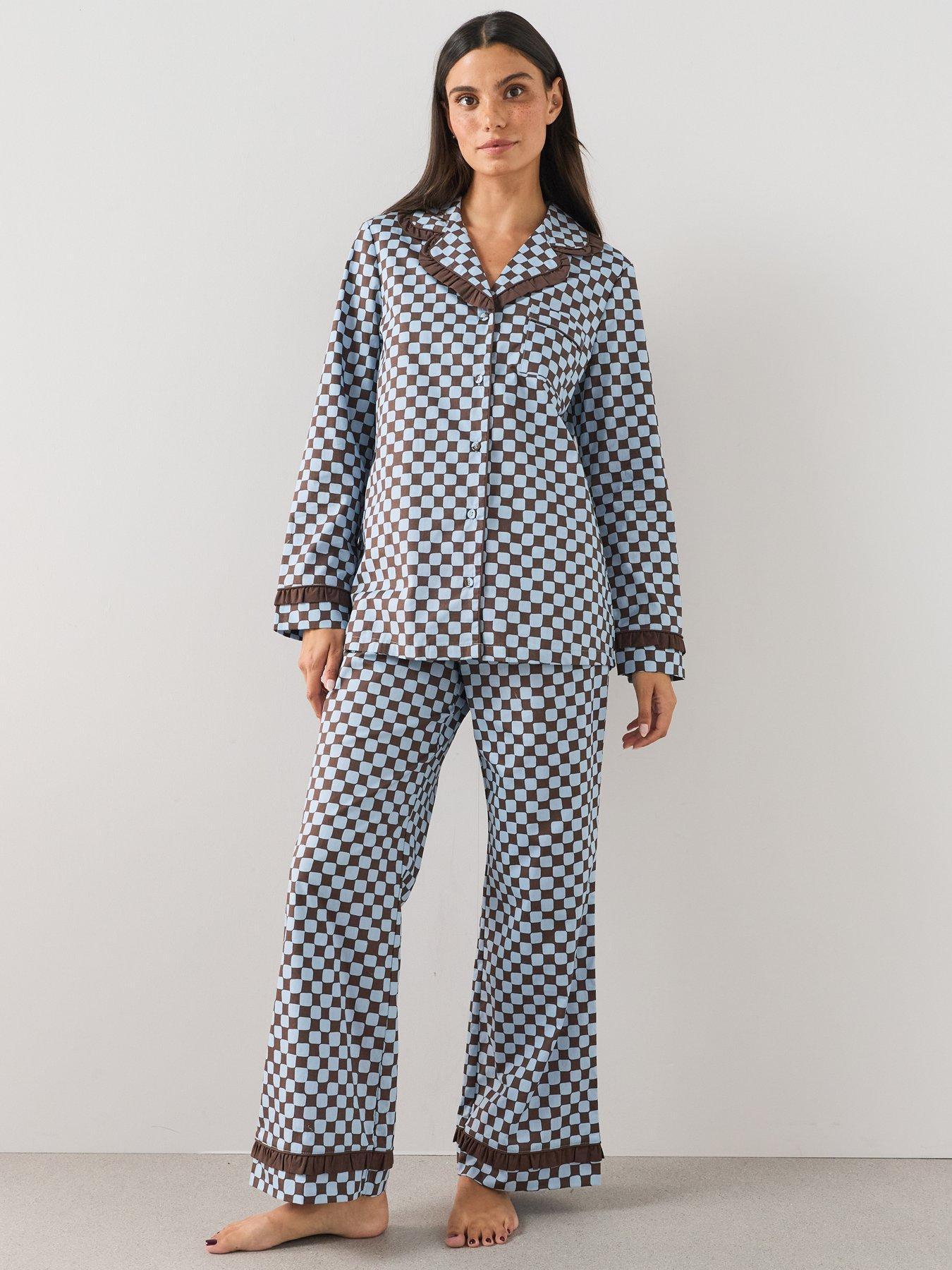 Image 6 of 6 of The Very Collection Contrast Collar Checker Board Cotton Revere Pyjama Set - Brown