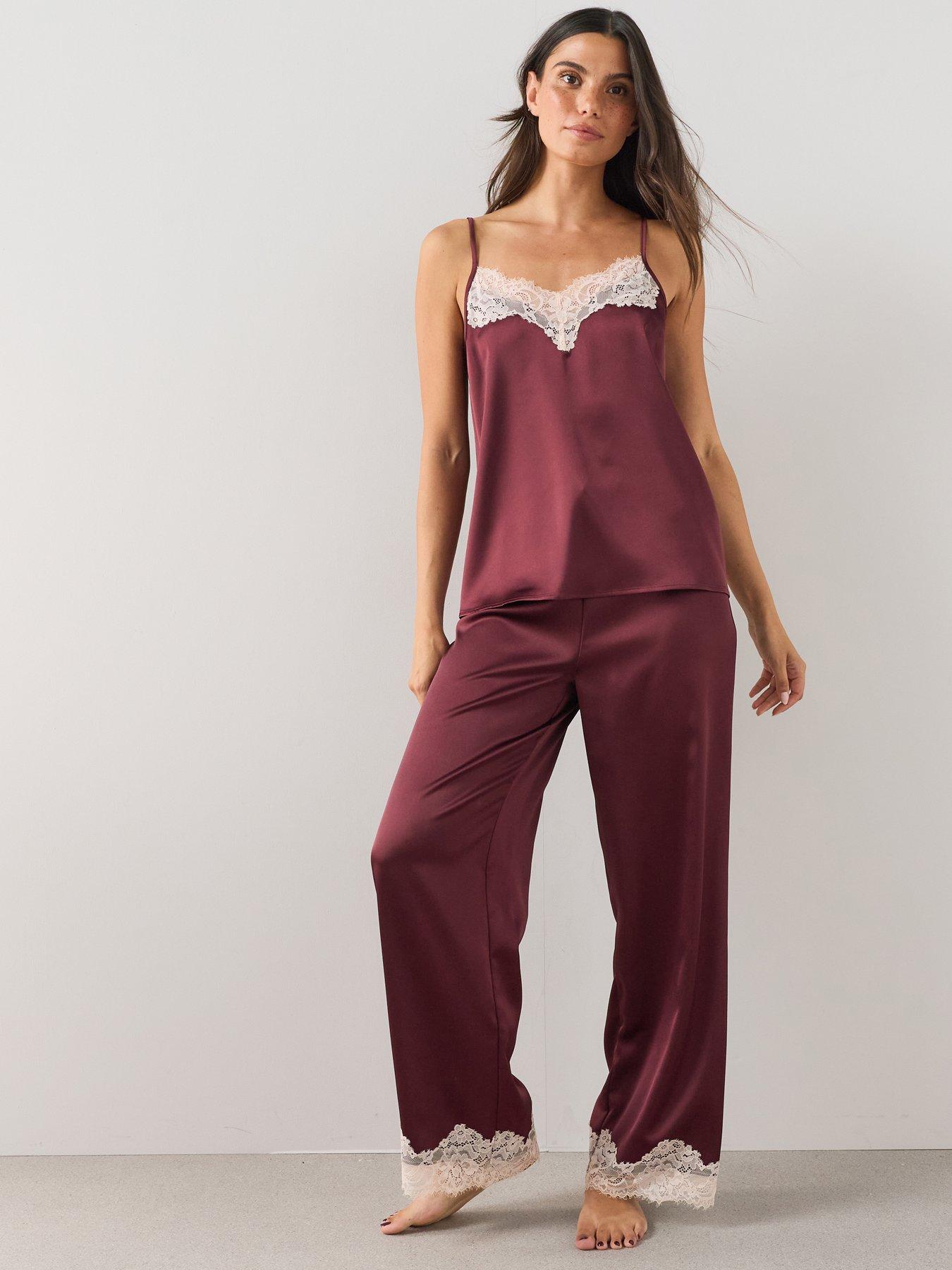 Image 1 of 6 of The Very Collection Satin Contrast Lace Cami And Wide Leg Pyjama Set - Burgundy