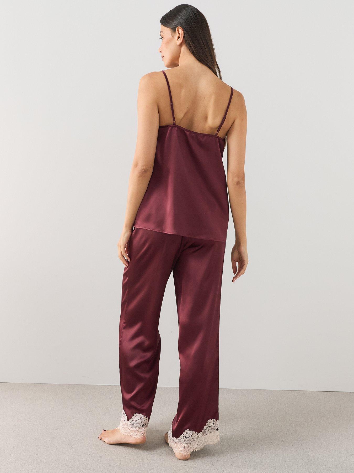 Image 2 of 6 of The Very Collection Satin Contrast Lace Cami And Wide Leg Pyjama Set - Burgundy
