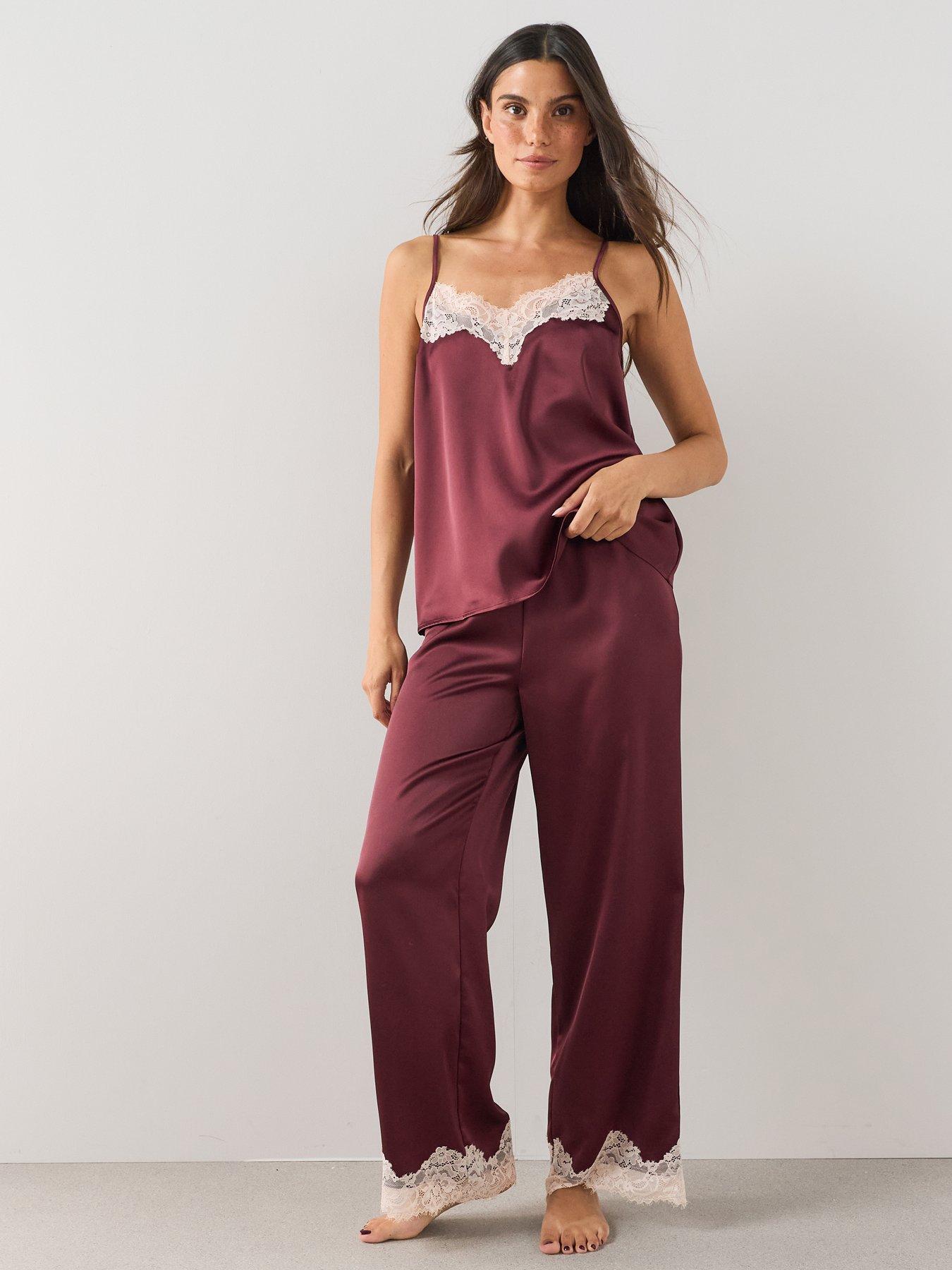 Image 3 of 6 of The Very Collection Satin Contrast Lace Cami And Wide Leg Pyjama Set - Burgundy