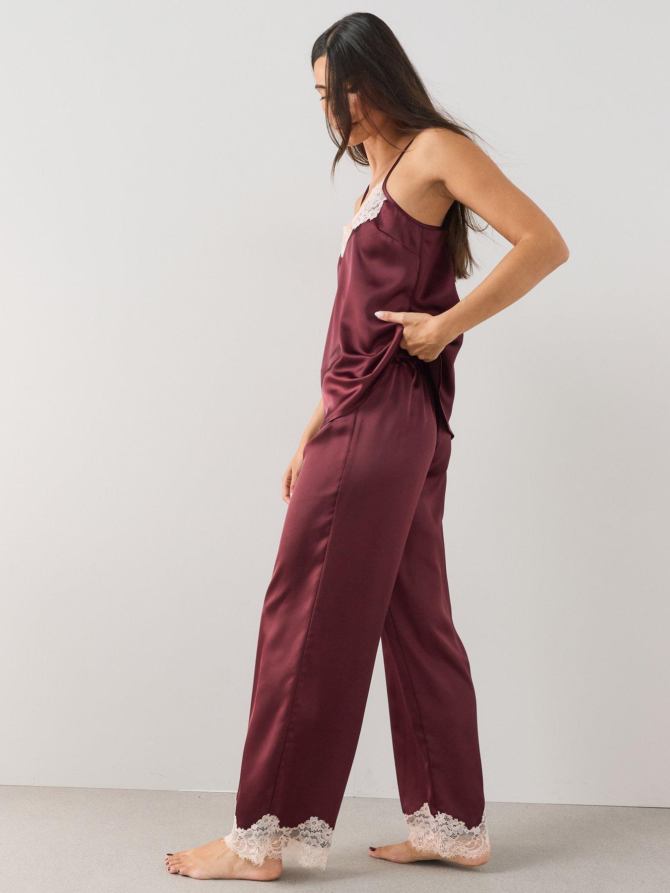 Image 5 of 6 of The Very Collection Satin Contrast Lace Cami And Wide Leg Pyjama Set - Burgundy
