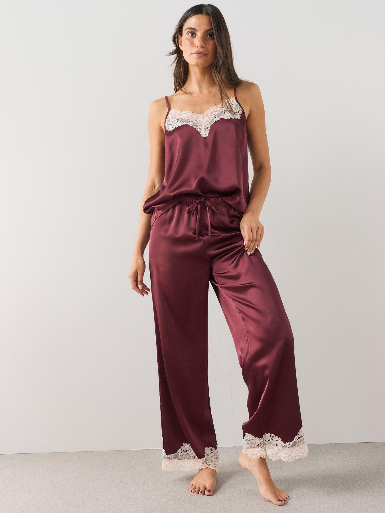 Image 6 of 6 of The Very Collection Satin Contrast Lace Cami And Wide Leg Pyjama Set - Burgundy