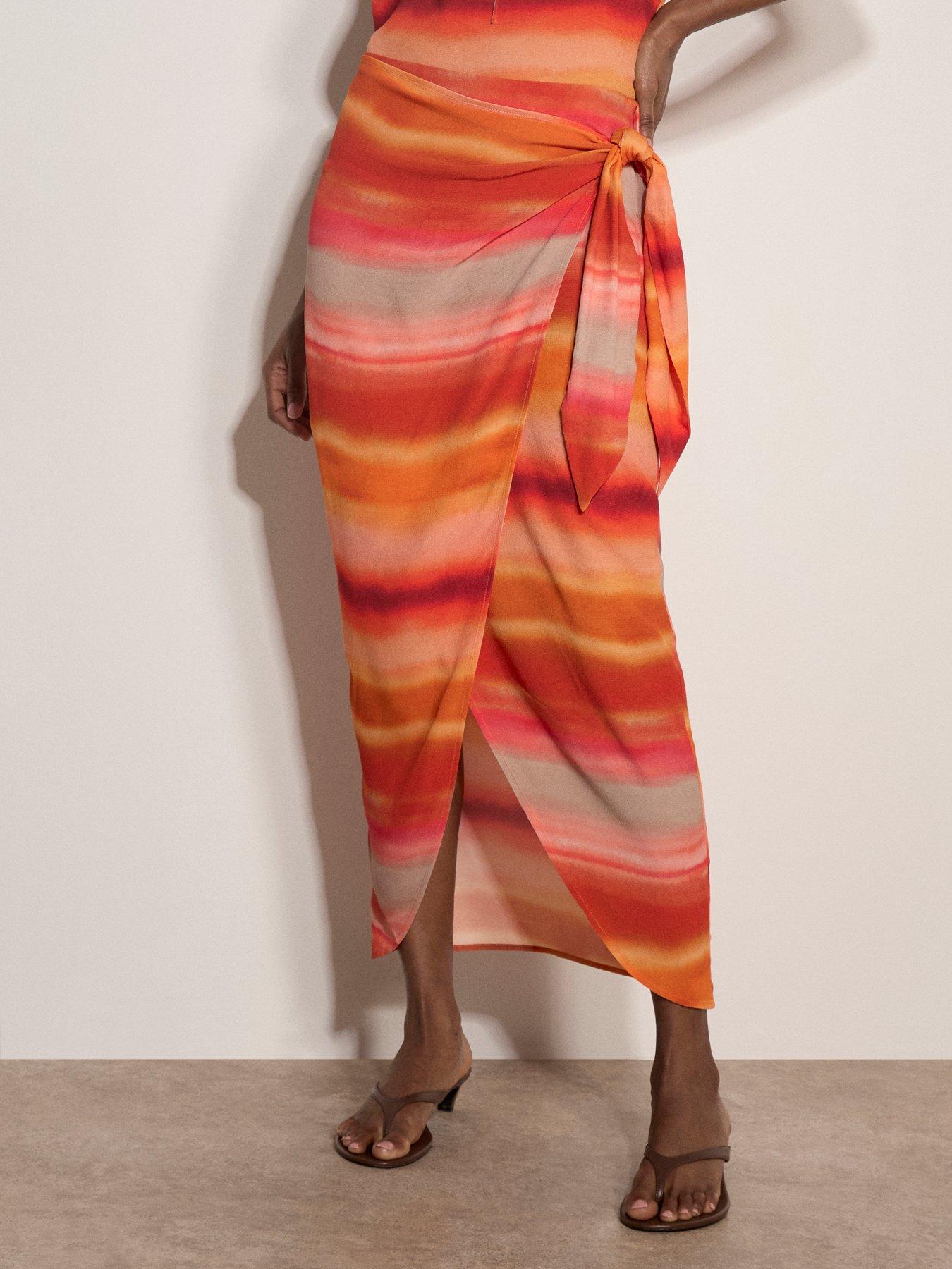 Image 1 of 4 of Apricot Watercolour Stripe Wrap Skirt - Orange
