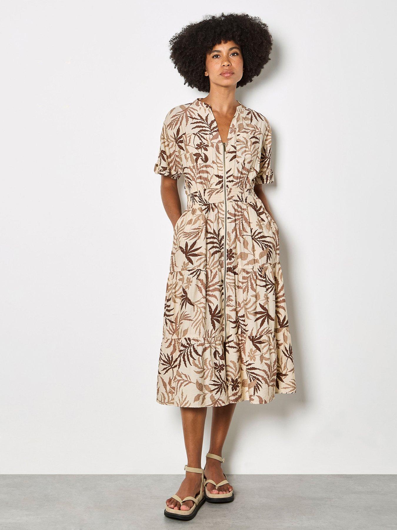 Apricot Palm Print Zip Front Maxi Dress