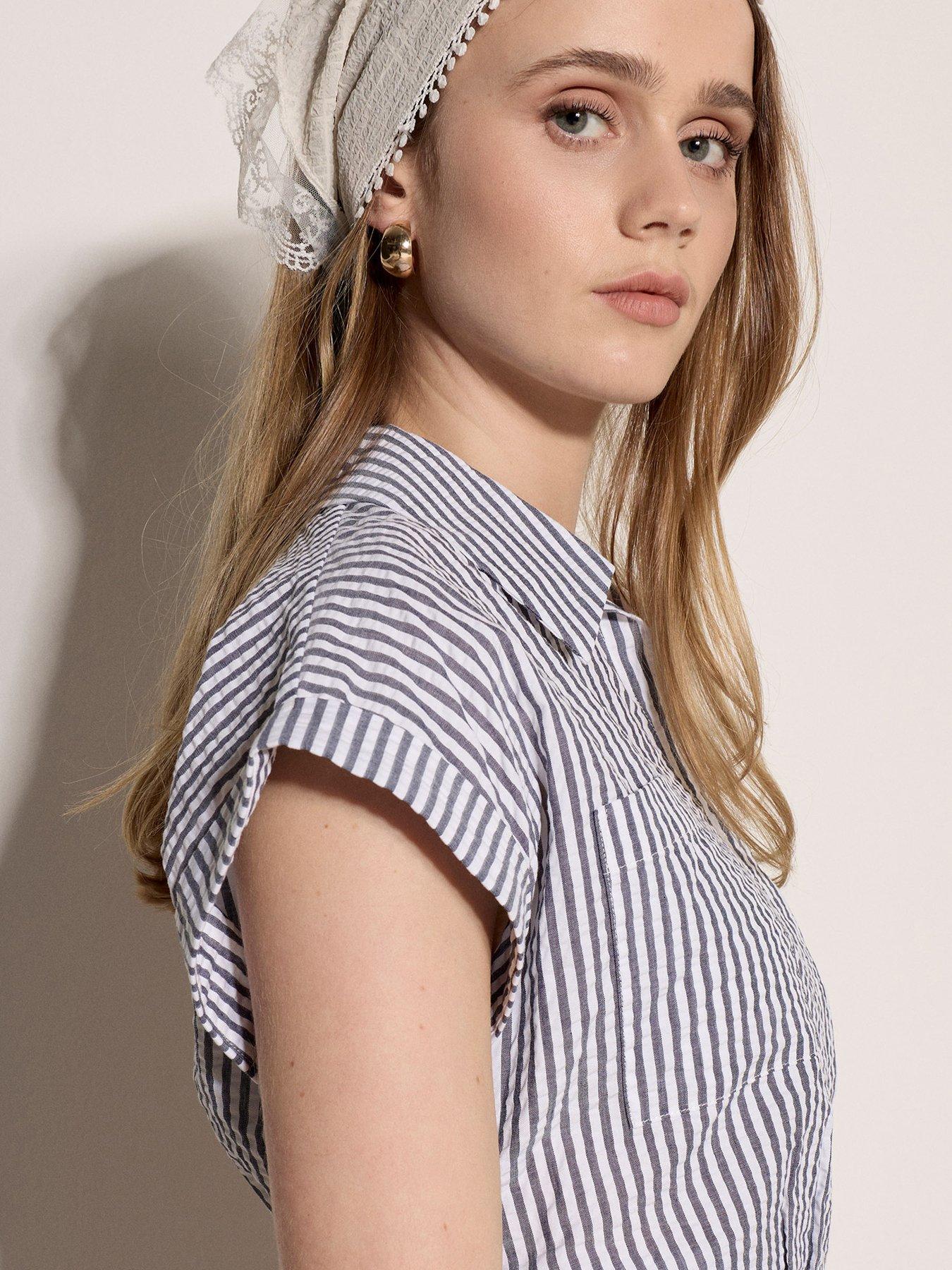 Apricot Stripe Seersucker Crop Top - Blue