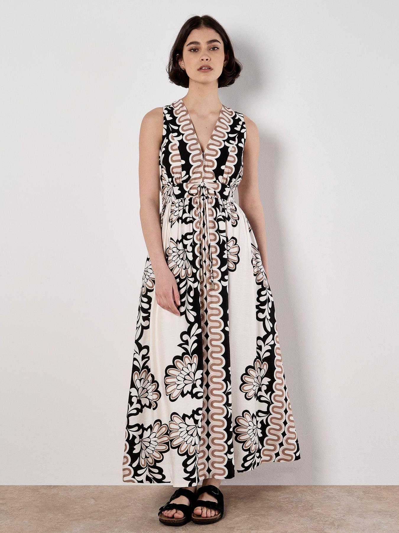 Apricot Mirror Floral Print V-Neck Sleeveless Dress - White