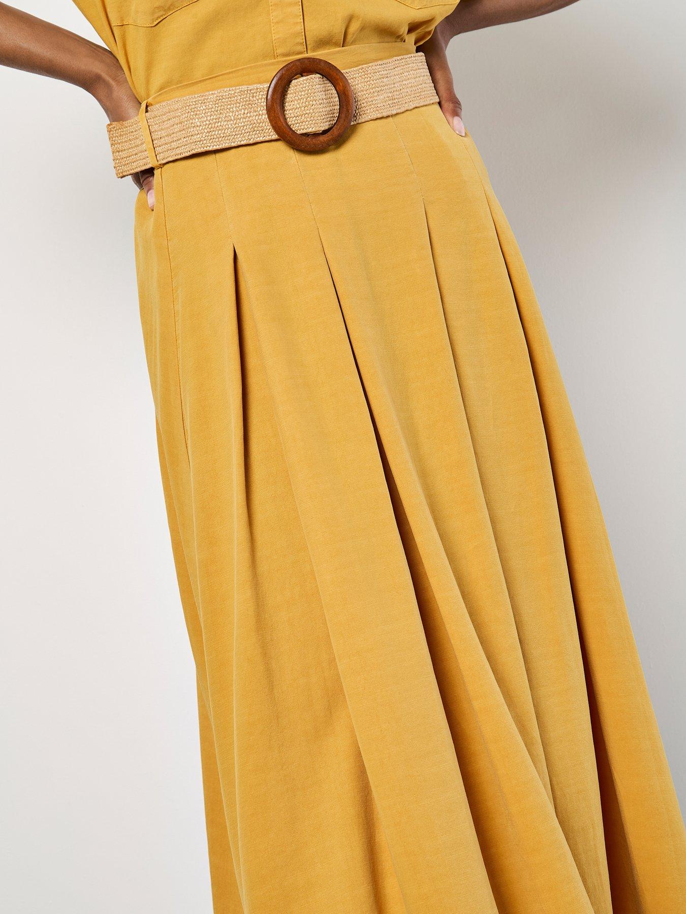 Apricot Boho Slub Belted Midi Skirt