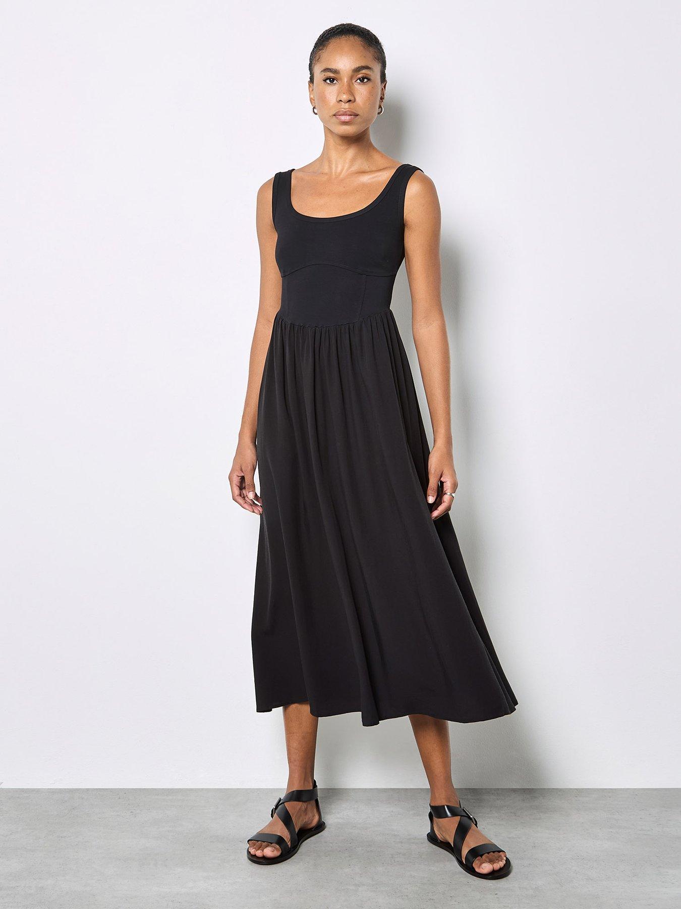 front image of apricot-corset-woven-skirt-midi-dress