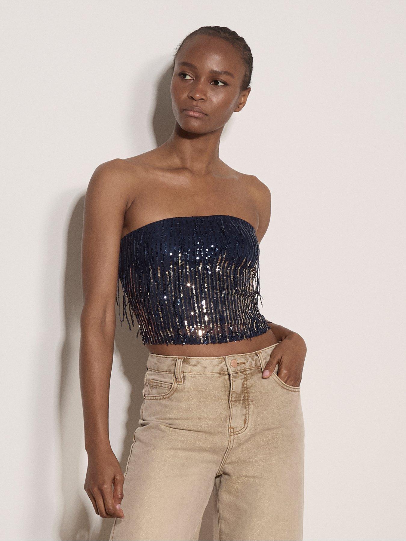 Image 4 of 4 of Apricot Fringe Sequins Bandeau Top - Blue