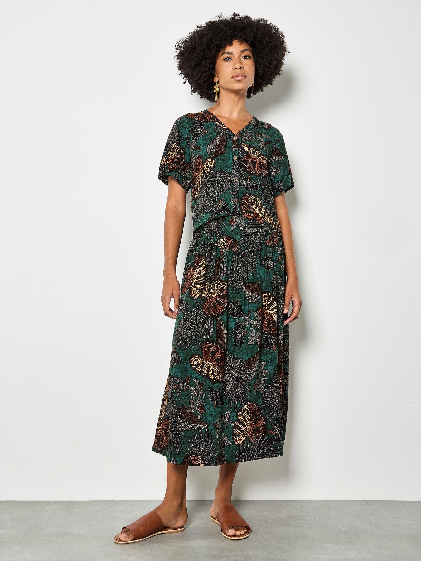 front image of apricot-palm-print-maxi-skirt