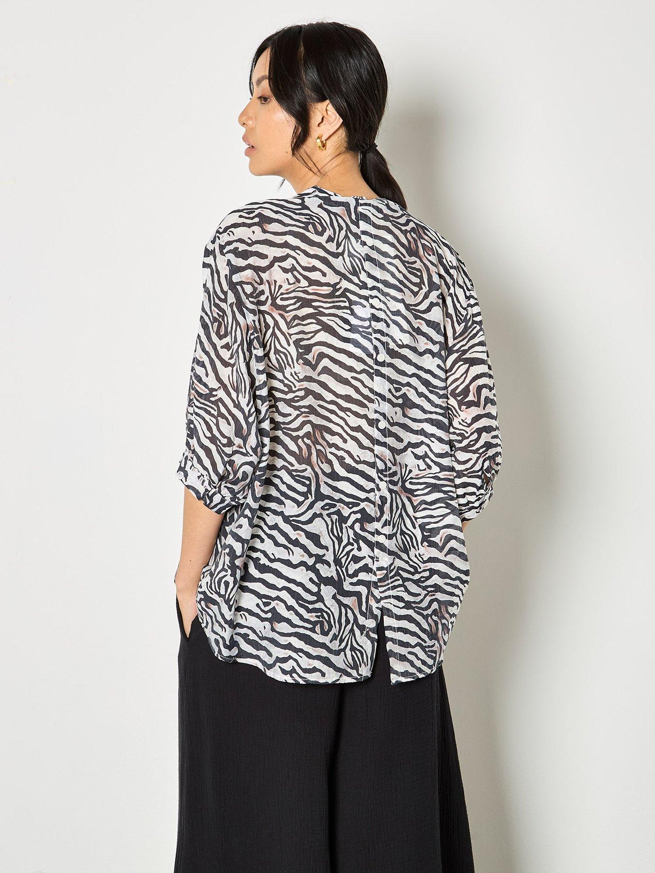 Image 2 of 4 of Apricot Zebra Oversized Semi-Sheer Blouse - White