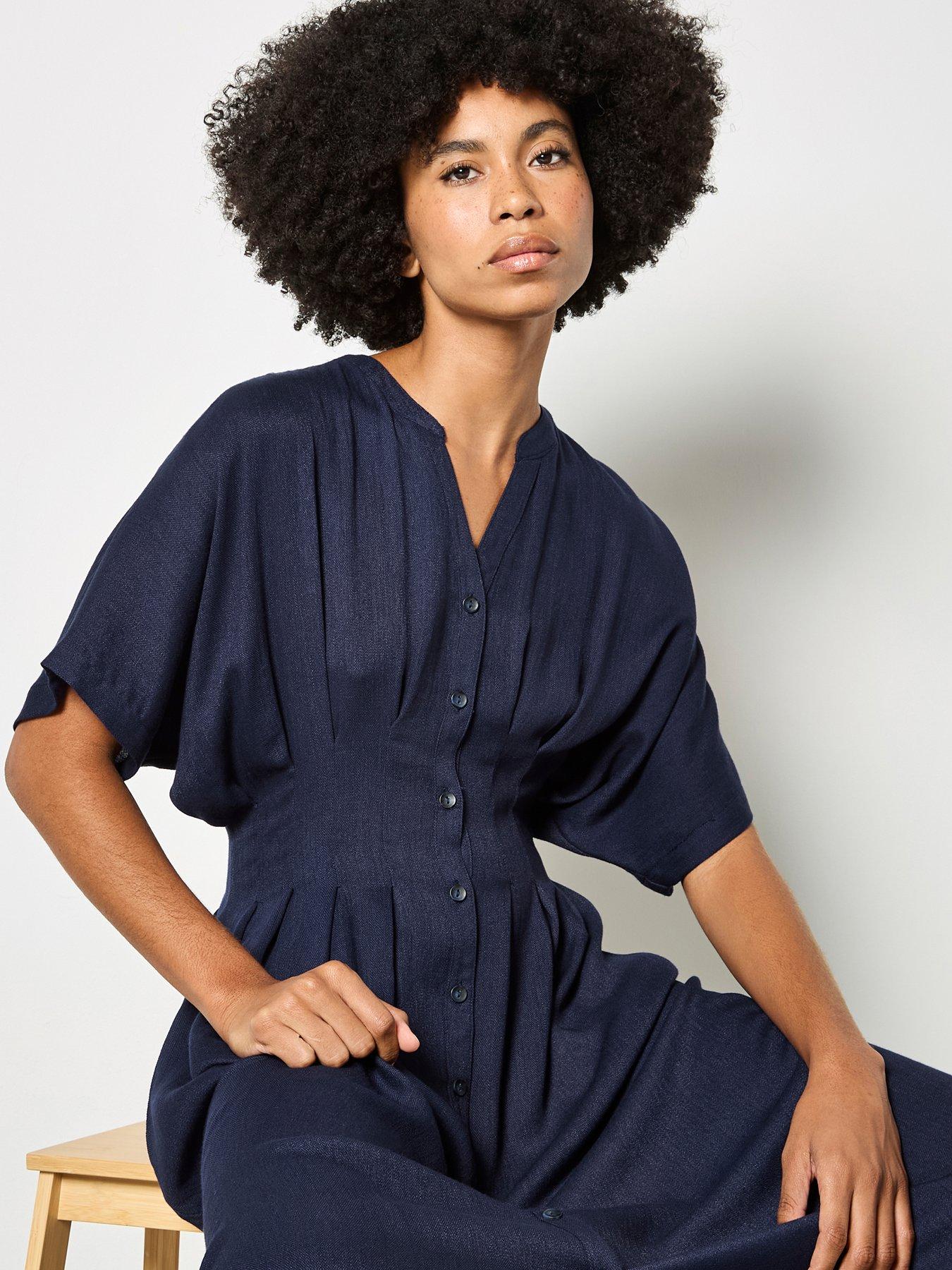 Apricot Pleated Waist Midi Plain Shirt Dress  - Blue