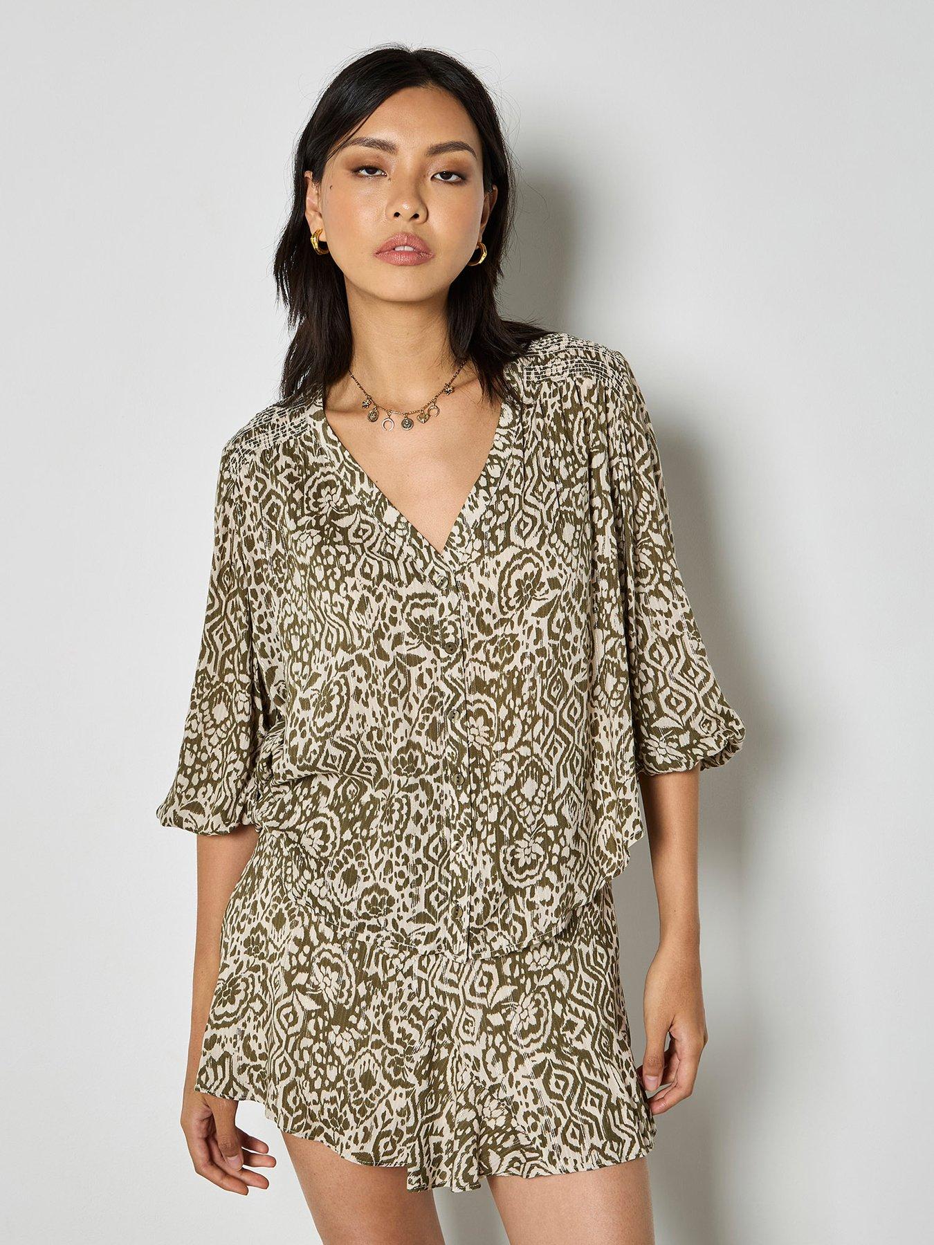 Apricot Lurex Jacquard Blouse With Smocking At Yoke