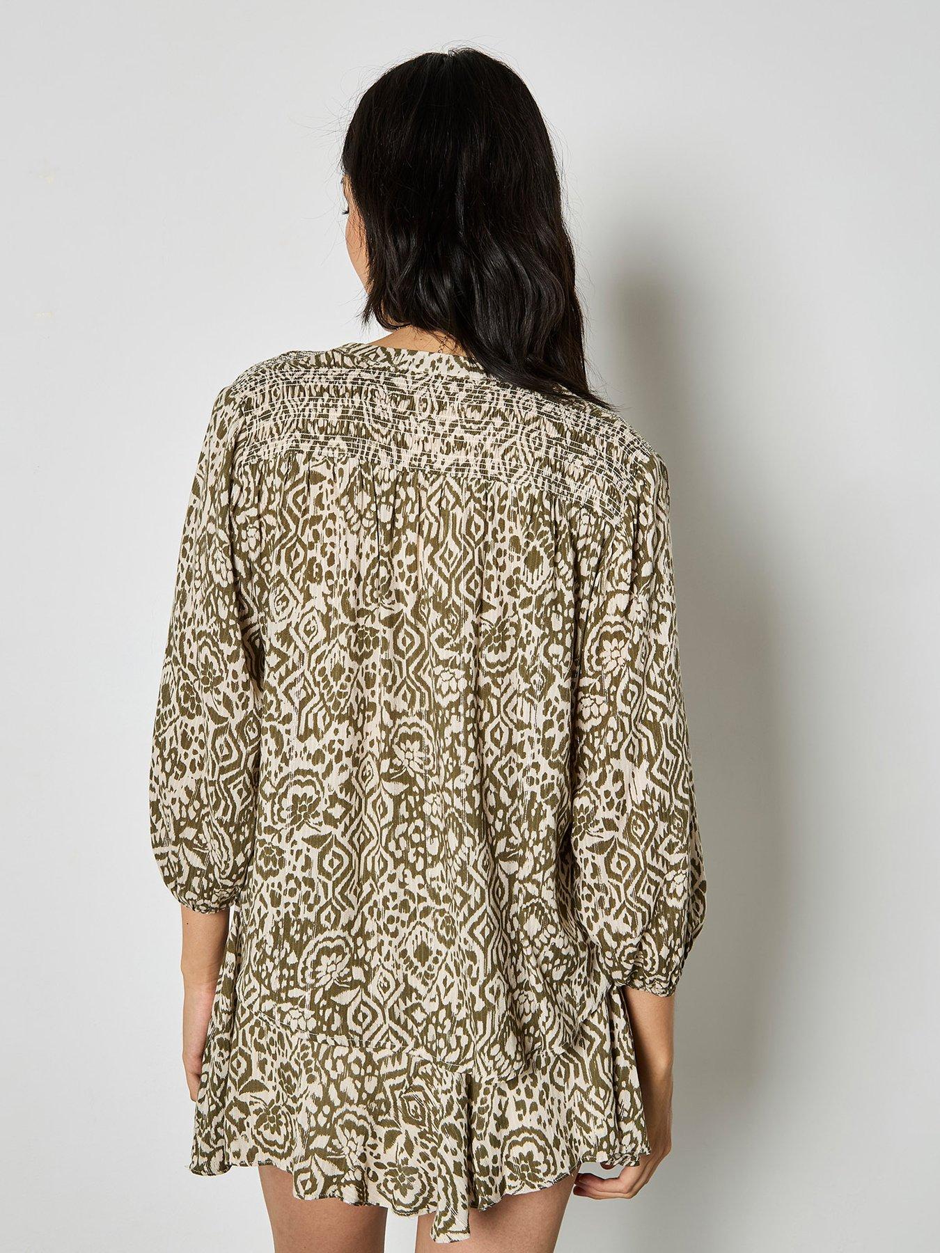 Image 2 of 4 of Apricot Lurex Jacquard Blouse With Smocking - Green