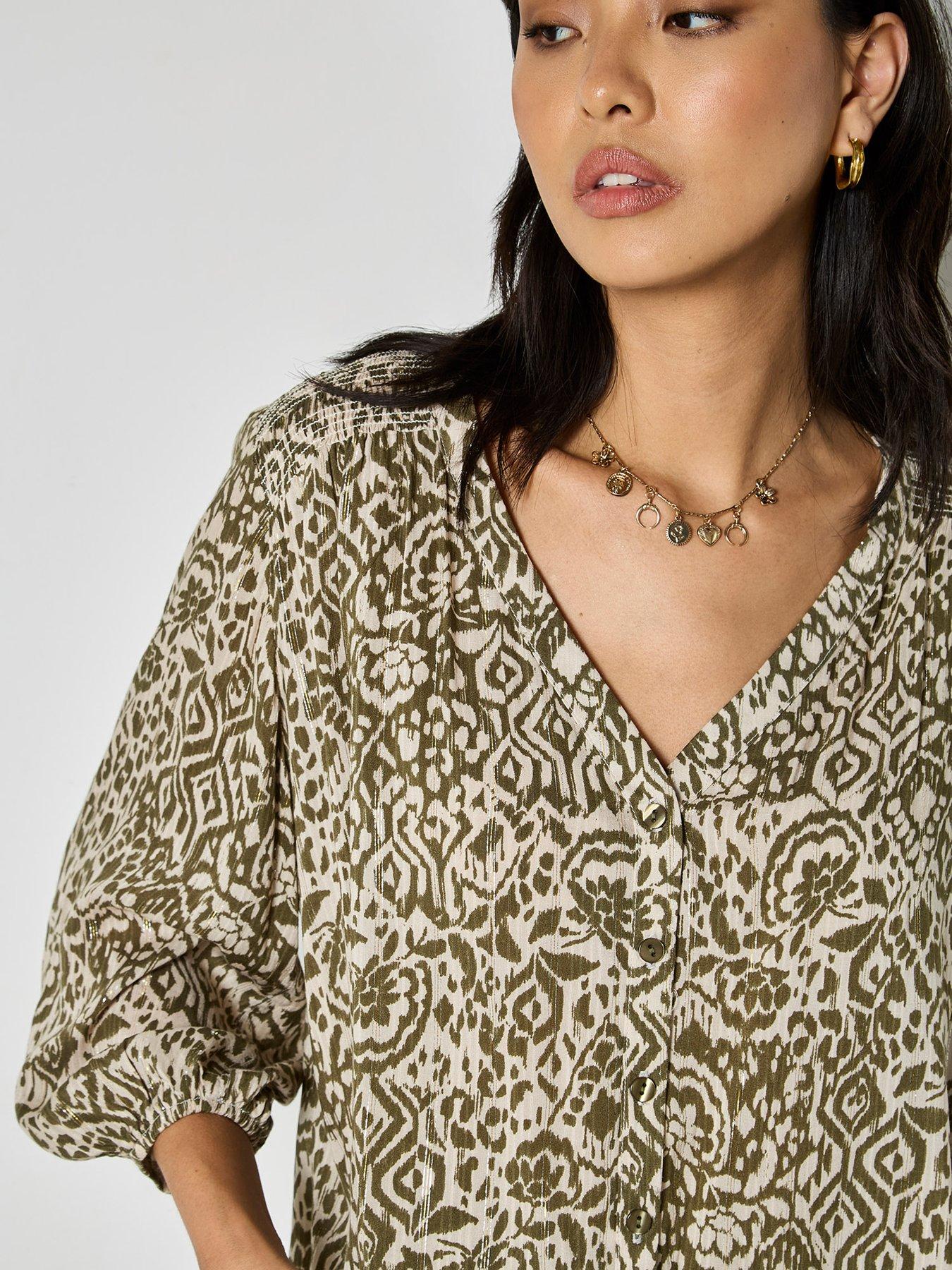 Image 4 of 4 of Apricot Lurex Jacquard Blouse With Smocking - Green