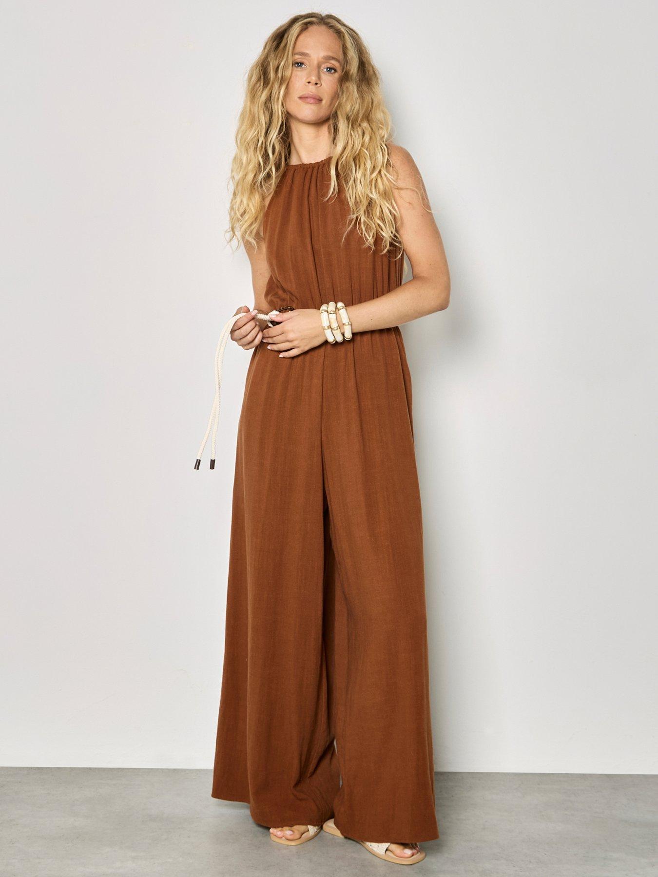 Apricot Halter Neck Rope Belt Jumpsuit - Orange