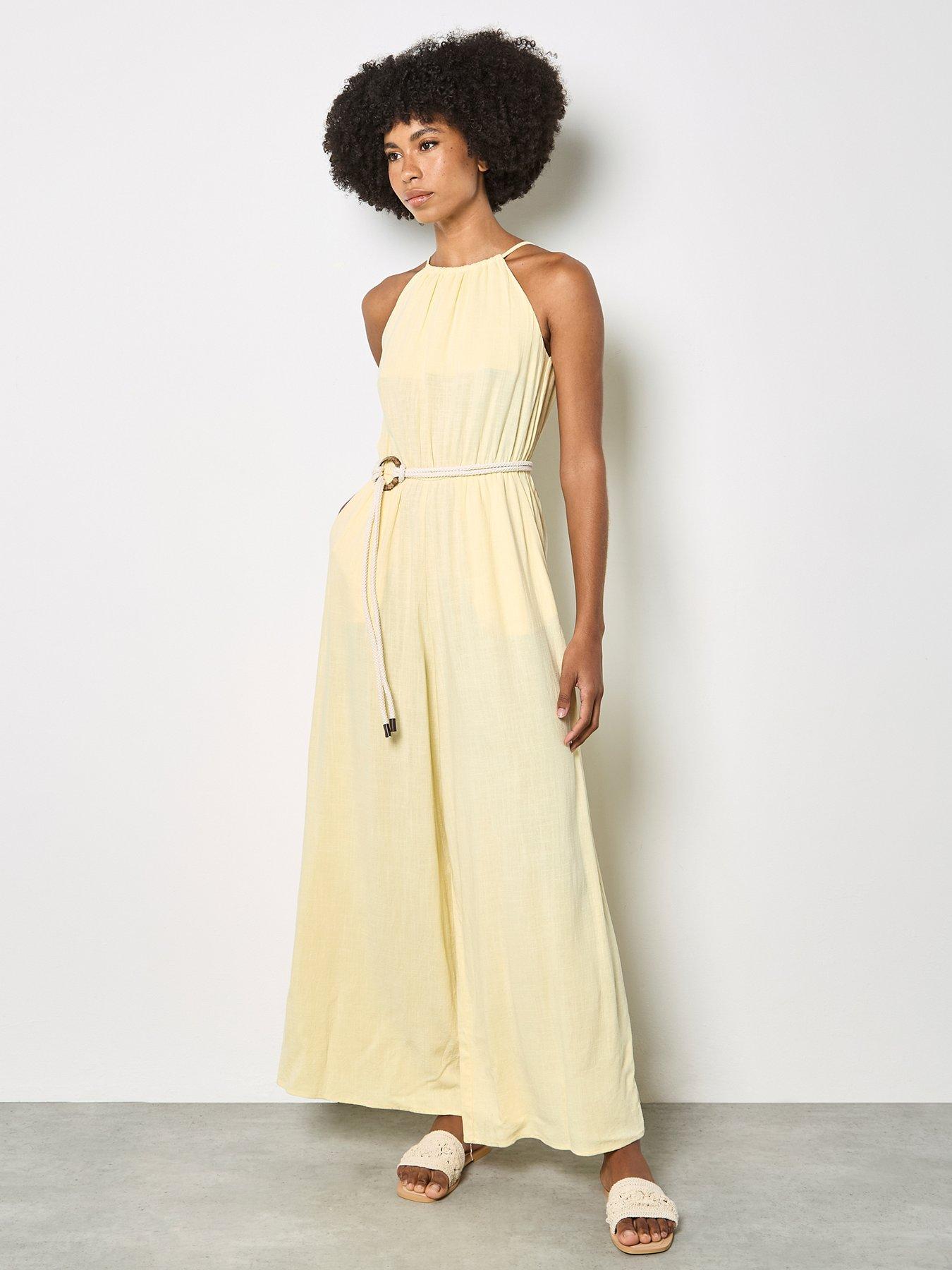 Image 1 of 4 of Apricot Halter Neck Rope Belt Jumpsuit - Yellow
