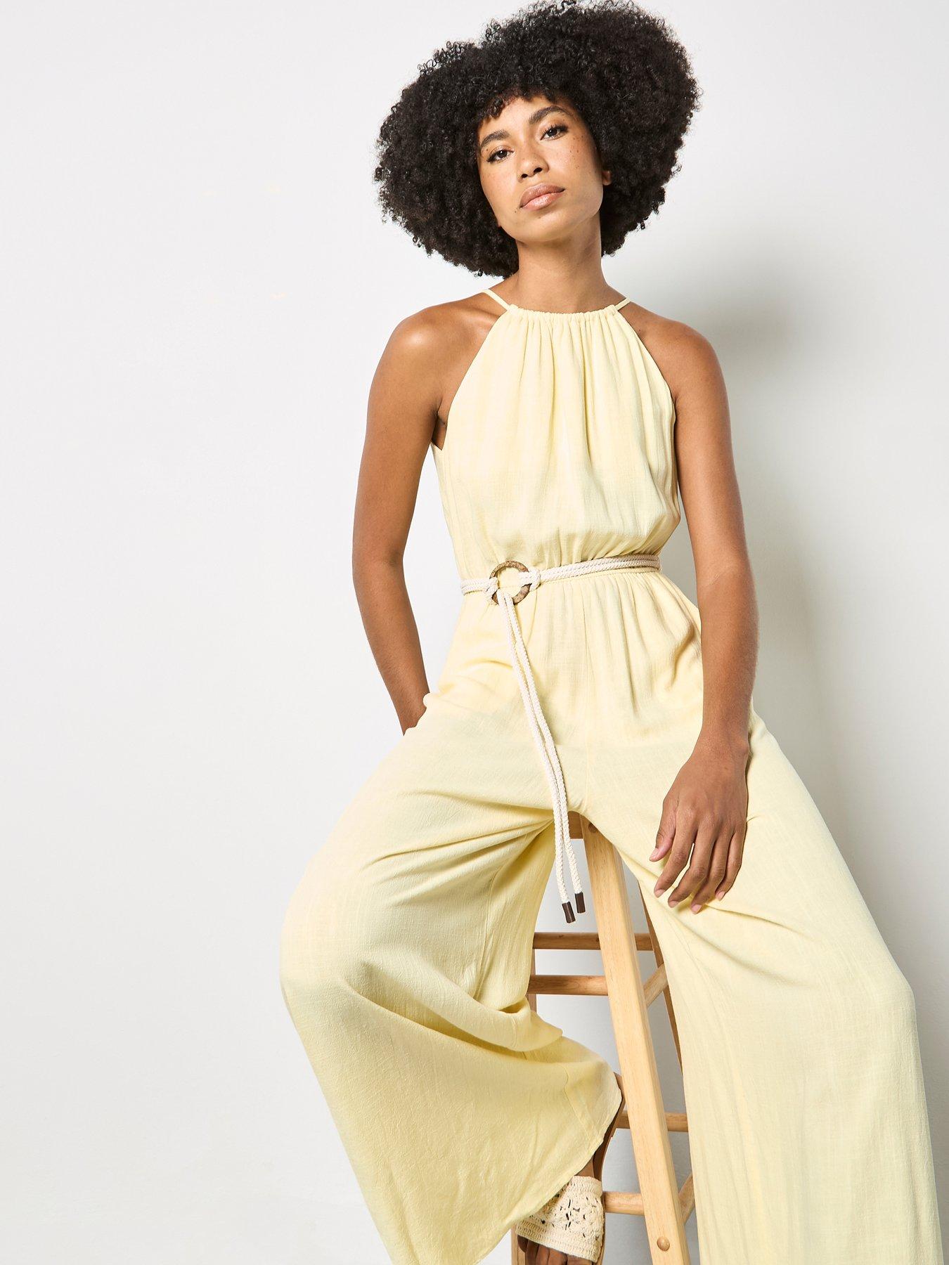 Image 3 of 4 of Apricot Halter Neck Rope Belt Jumpsuit - Yellow