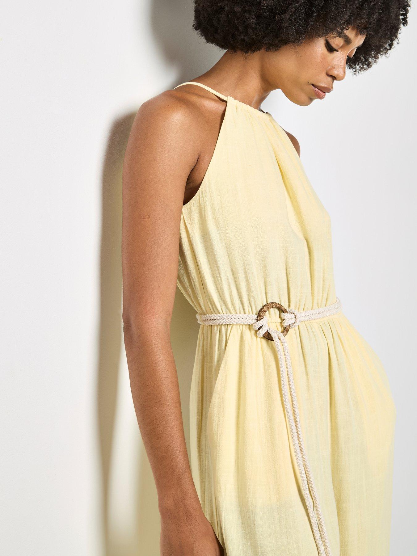 Image 4 of 4 of Apricot Halter Neck Rope Belt Jumpsuit - Yellow