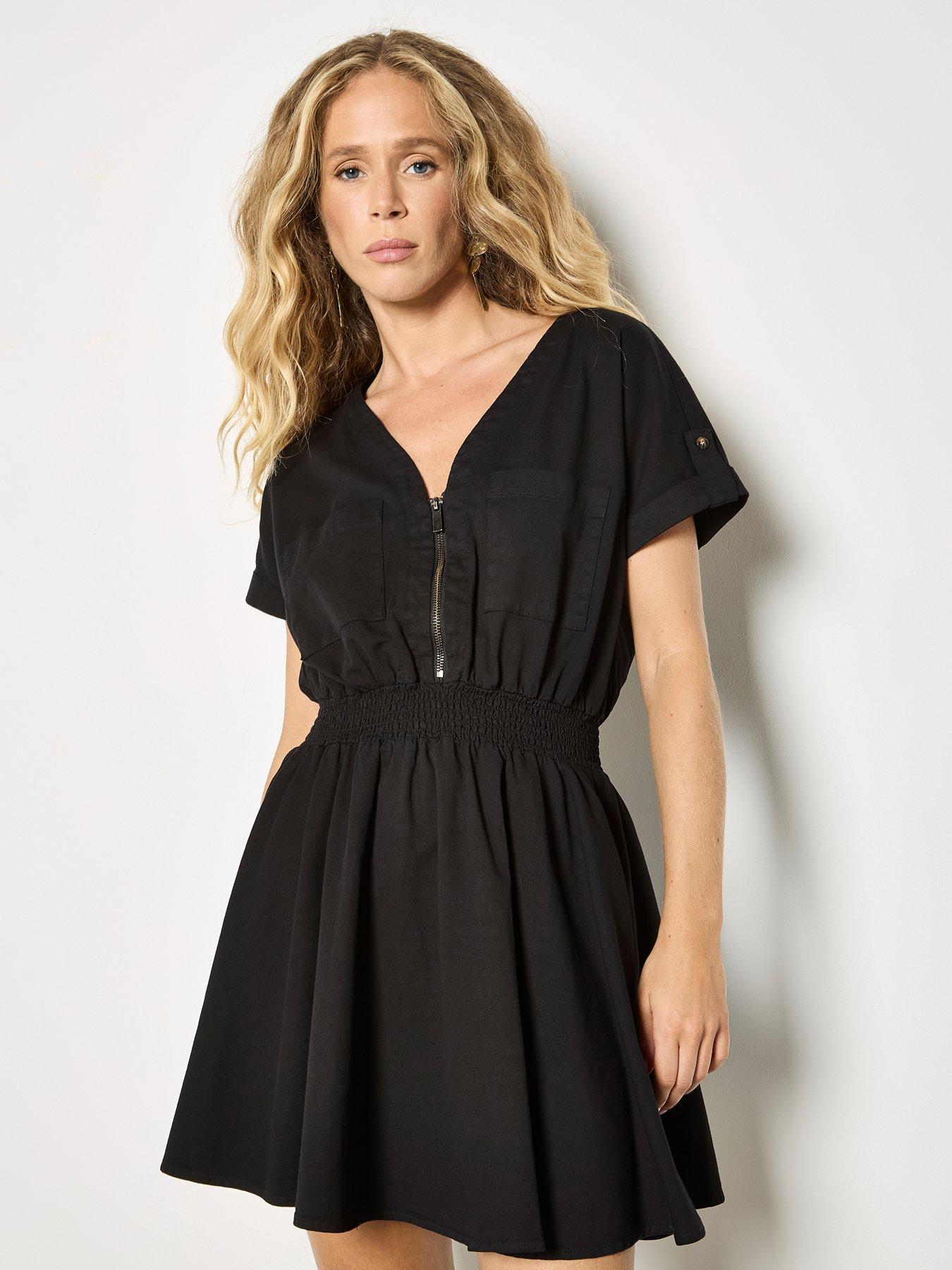 Apricot Zip Detail Shirred Waist Dress
