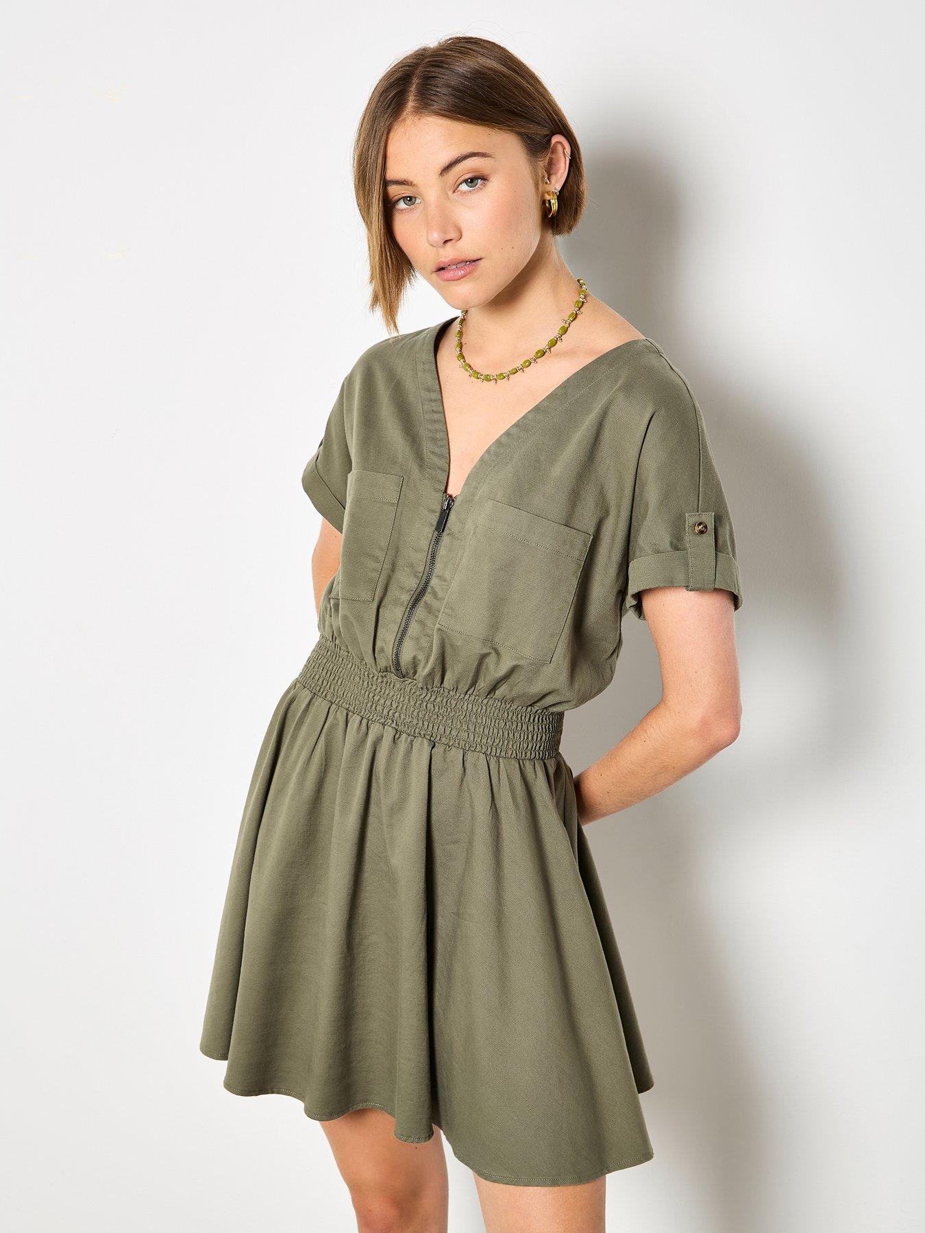 Apricot Zip Detail Shirred Waist Dress