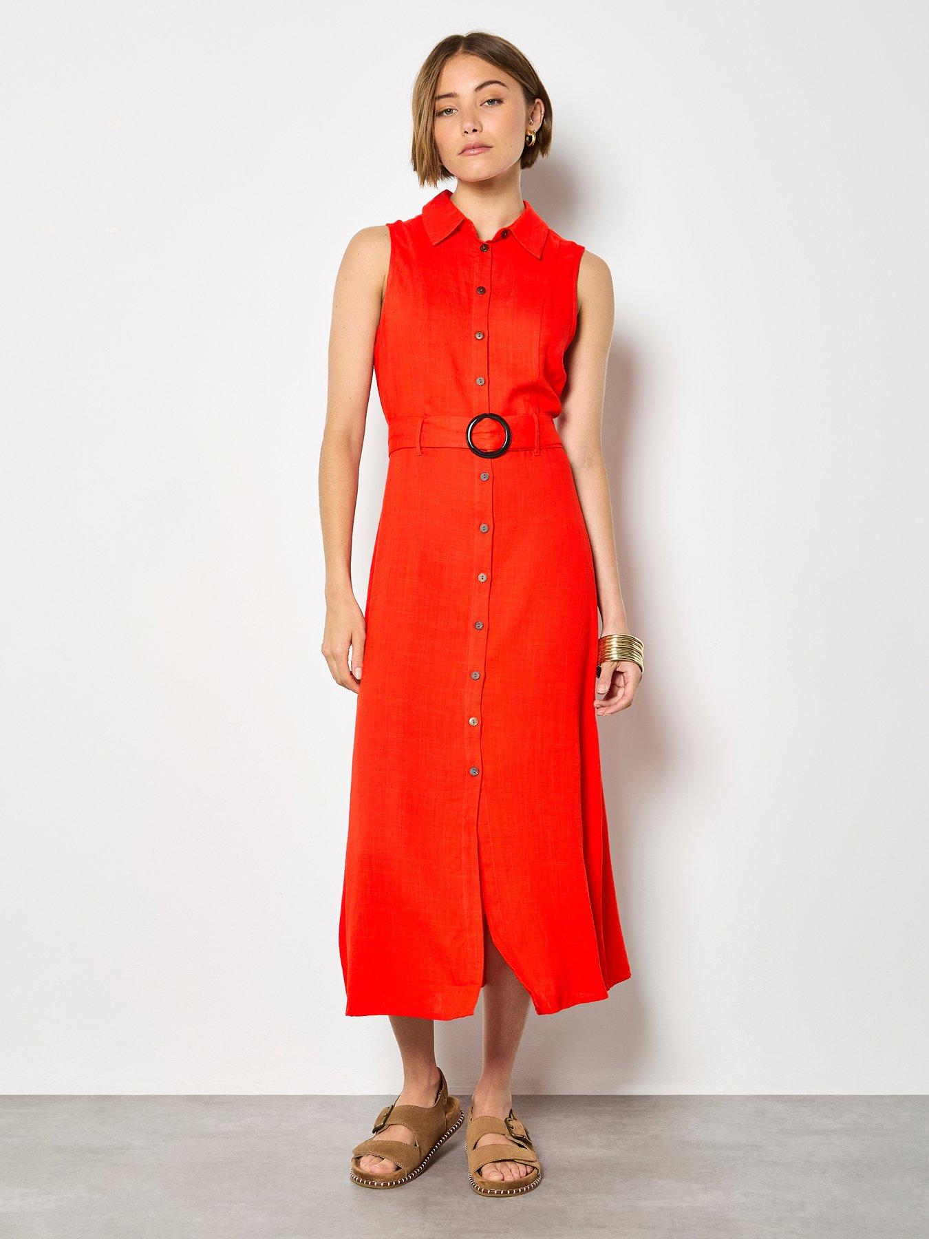 Apricot Linen Blend Shirt Midi Dress - Red