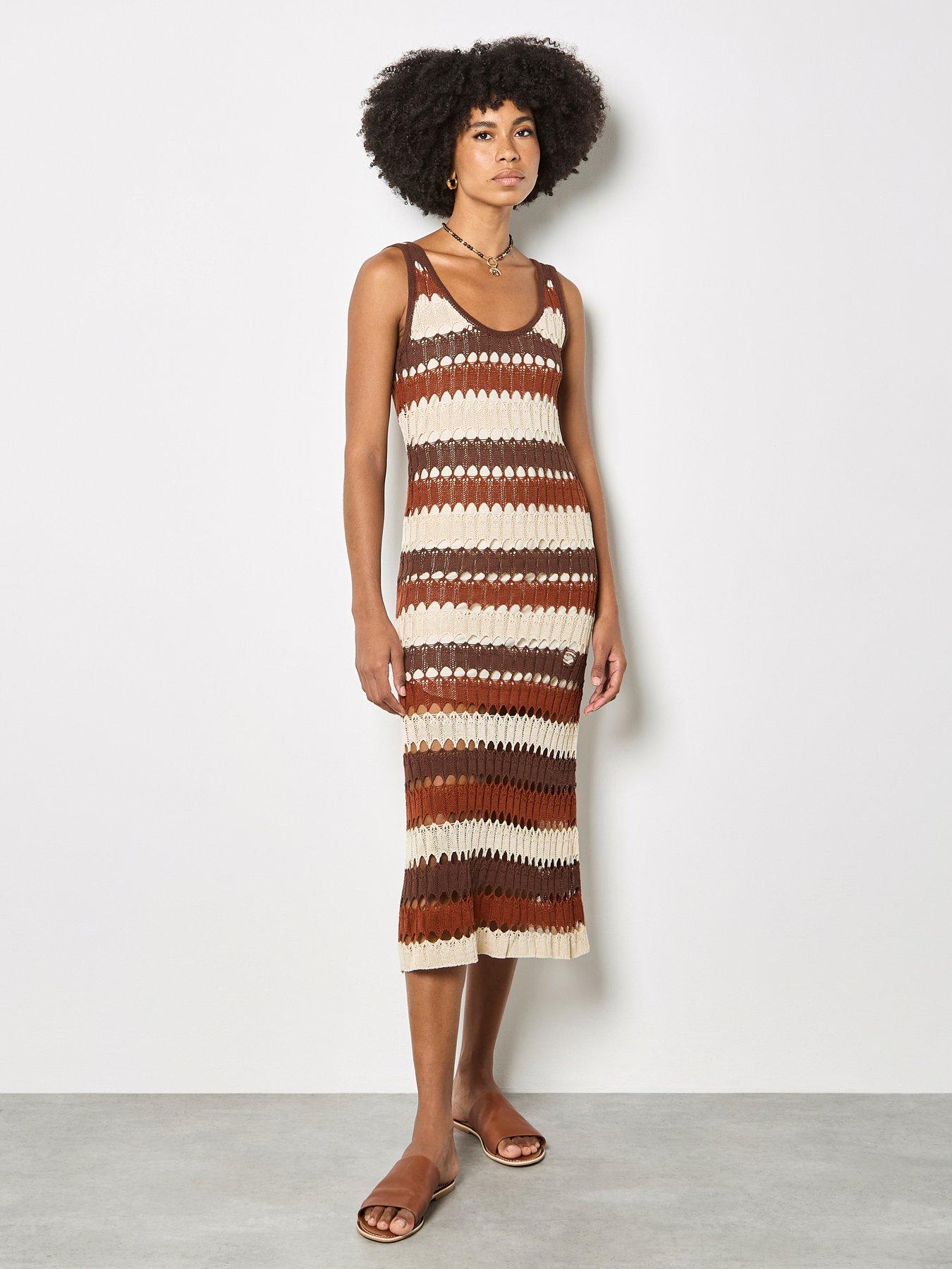 Image 1 of 4 of Apricot Crochet Stripe Midaxi Dress - Brown