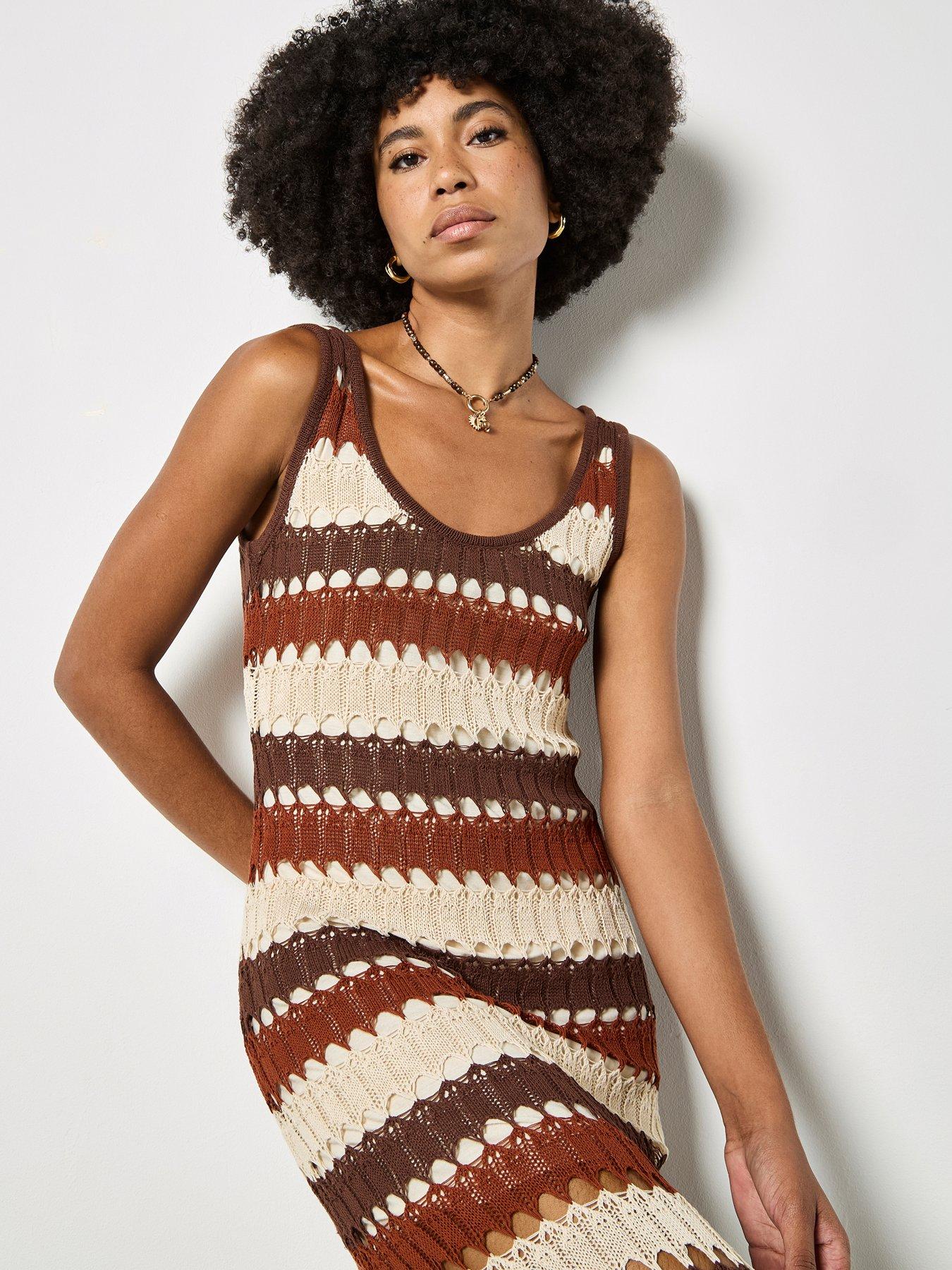 Image 3 of 4 of Apricot Crochet Stripe Midaxi Dress - Brown