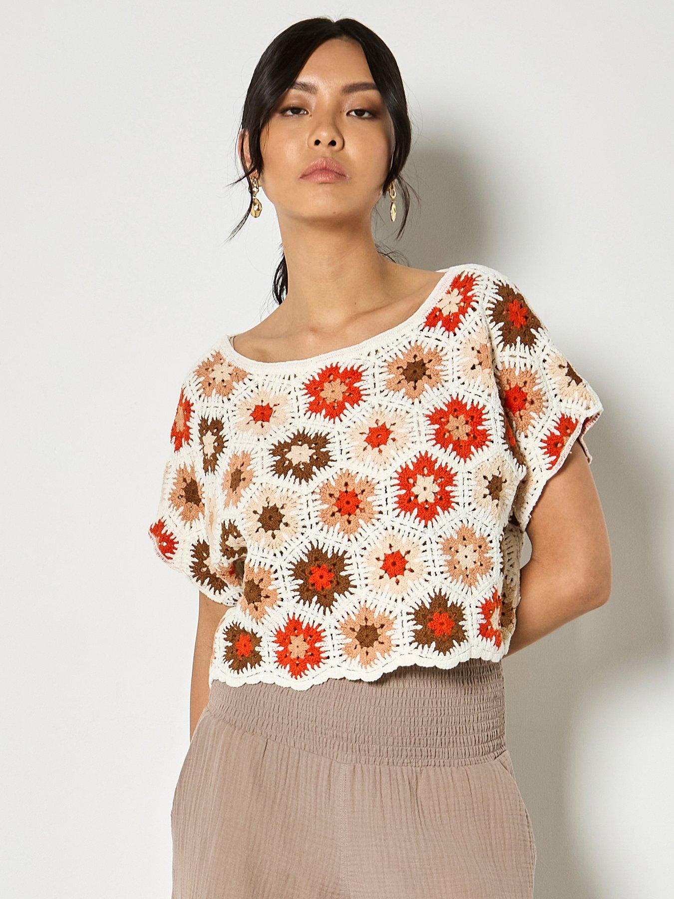 Apricot Hexagon Flowers Crochet Top - Orange