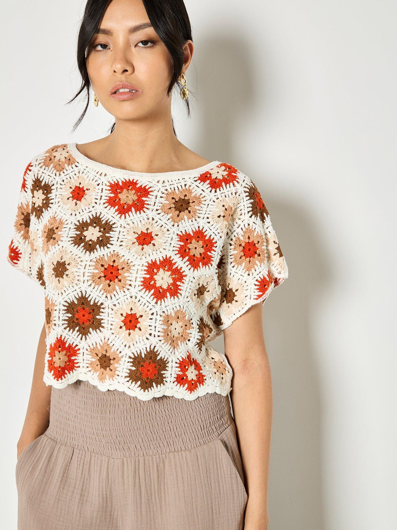  image of apricot-hexagon-flowers-crochet-top