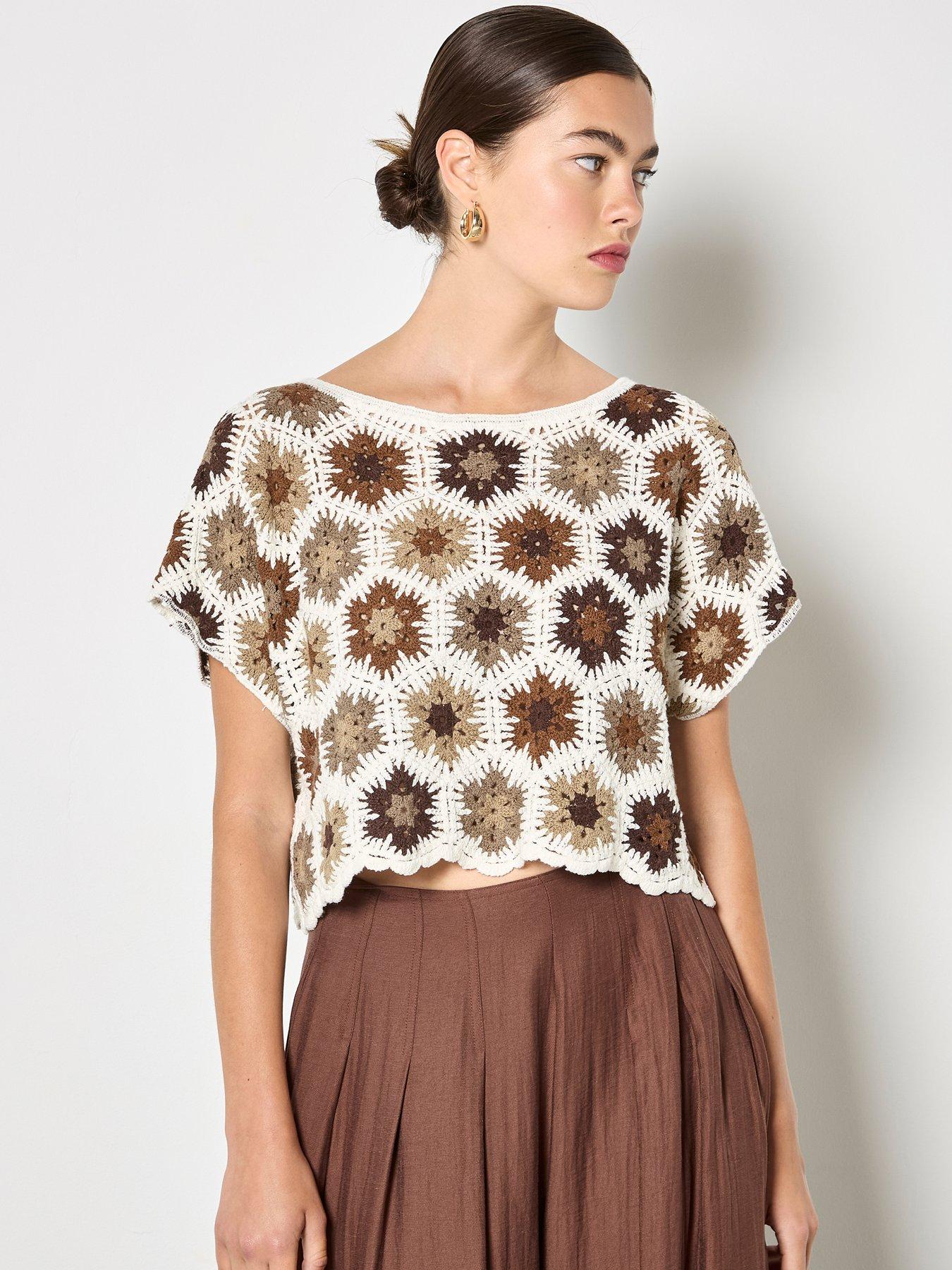 front image of apricot-hexagon-flowers-crochet-top